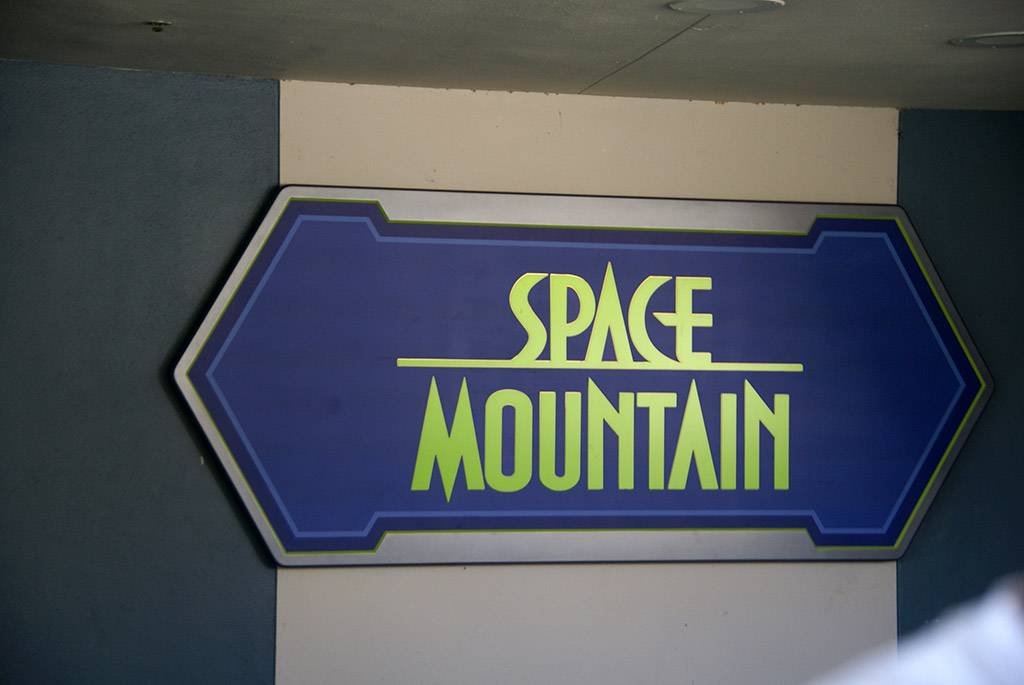 The new Space Mountain sign at the entrance to the mountain when riding the TTA