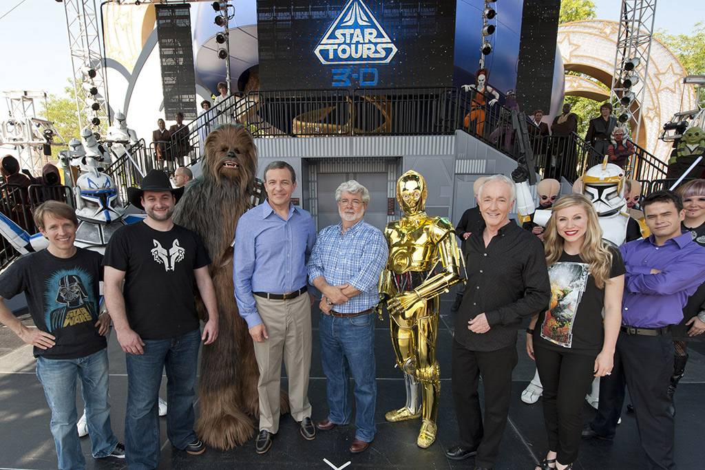 Walt Disney Co. president and CEO Bob Iger (fourth from left) poses with "Star Wars" creator George Lucas (fifth from left), "Star Wars" celebrities and "Star Wars" characters May 20, 2011 at Disney's Hollywood Studios 