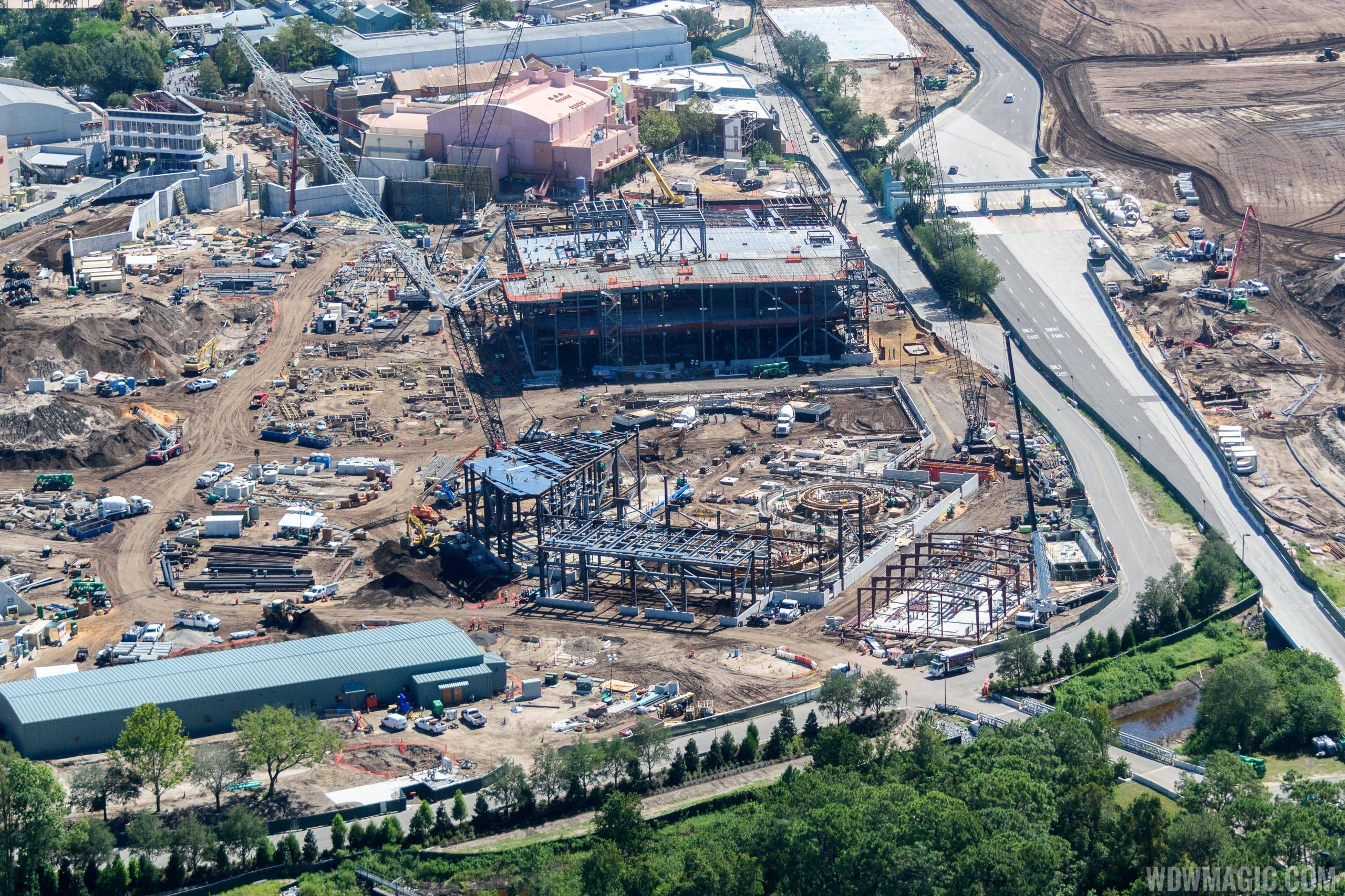 Star Wars Galaxy's Edge aerial view - Millennium Falcon ride in the foreground, Battle Escape ride in the background