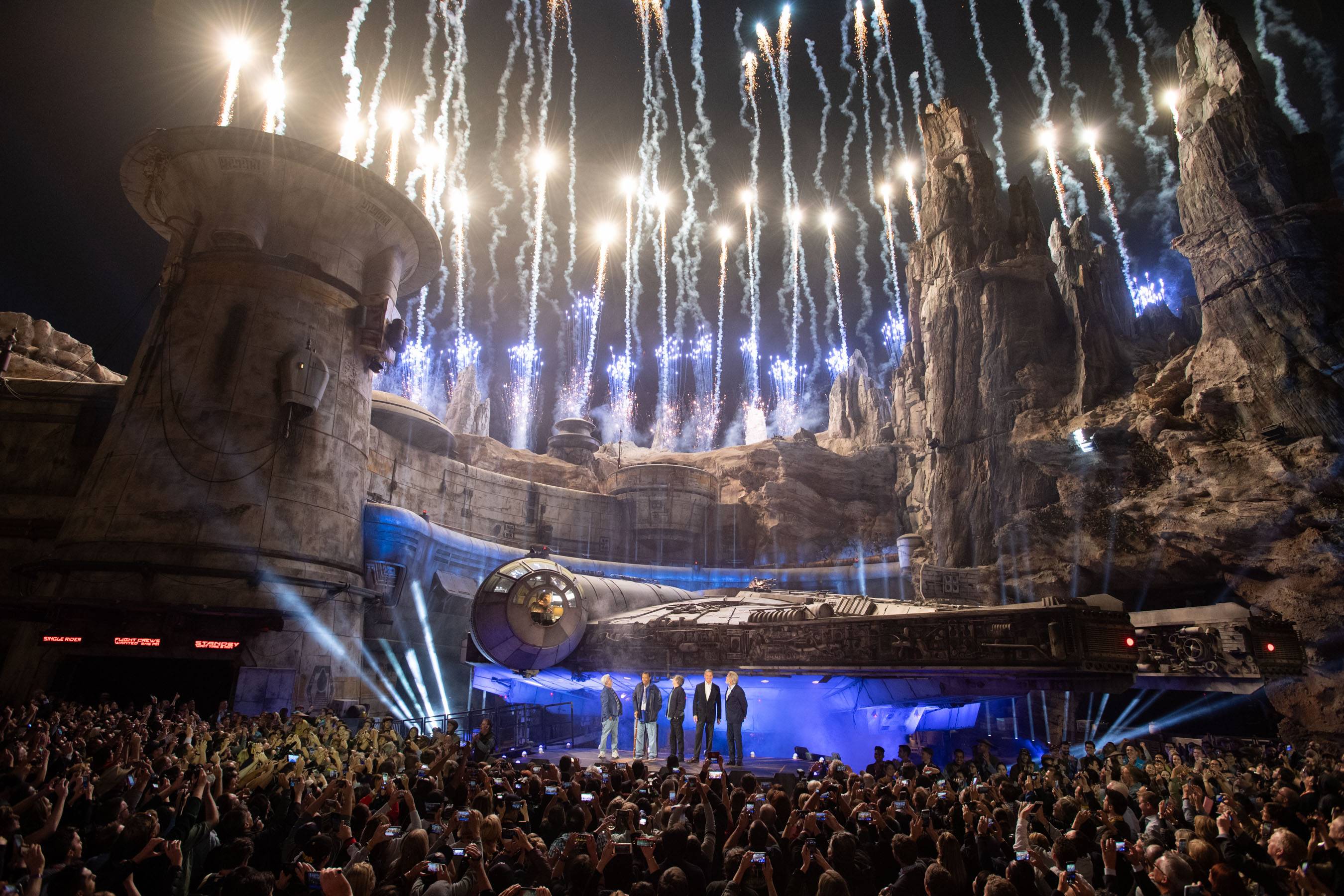 Star Wars creator George Lucas and actors Billy Dee Williams and Mark Hamill, Walt Disney Company Chairman and CEO Bob Iger and actor Harrison Ford celebrate the opening of Star Wars Galaxy's Edge