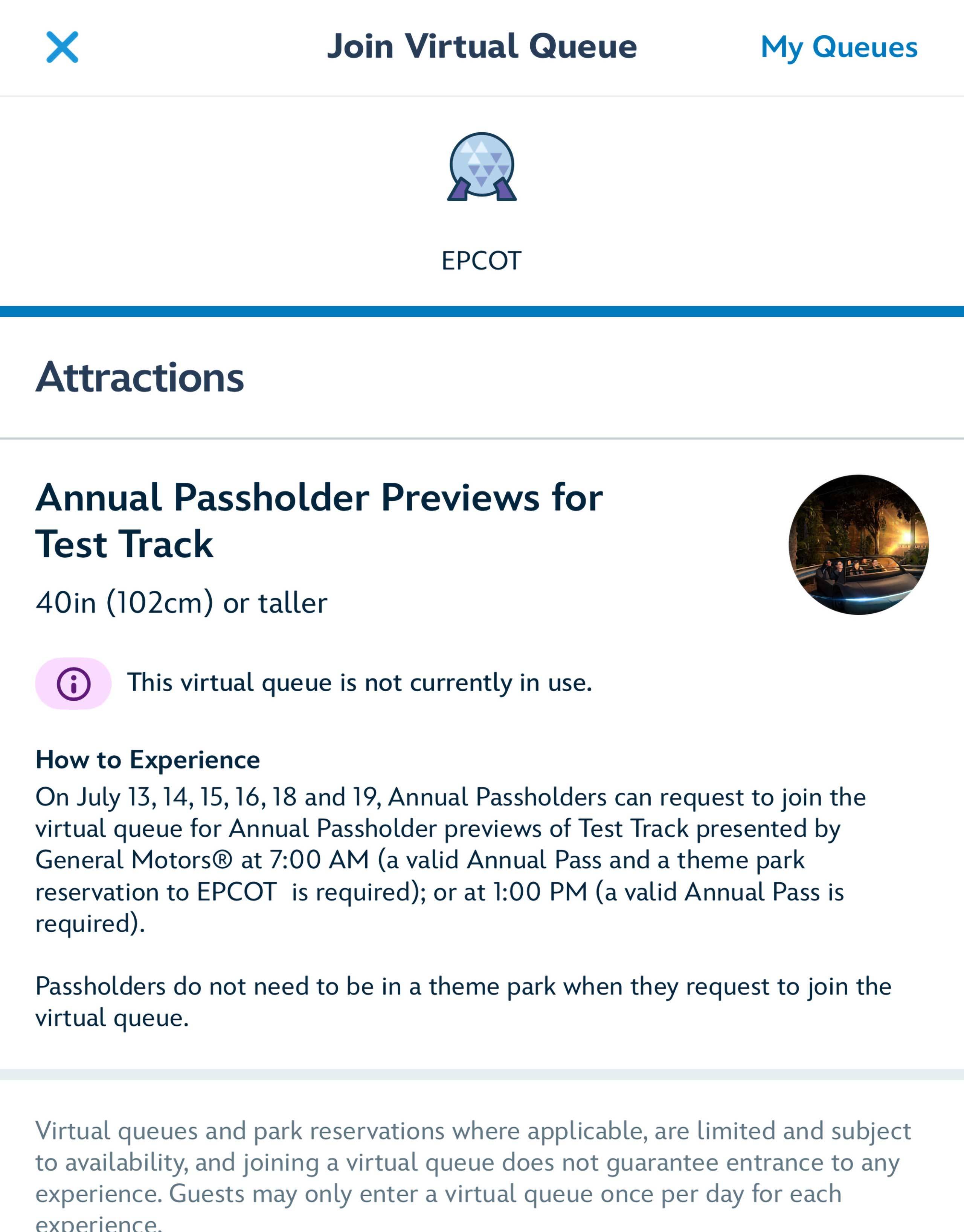 Test Track Virtual Queue in My Disney Experience