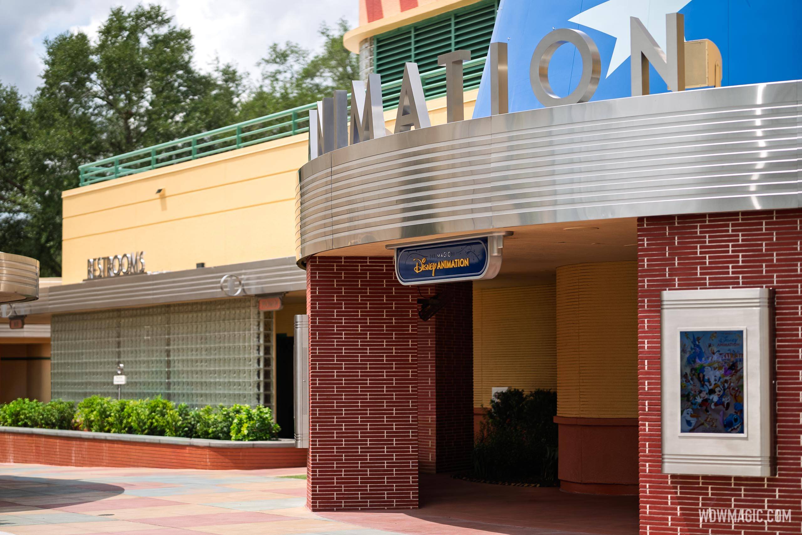 The exterior entrance of The Magic of Disney Animation, showing the attraction's marquee signage