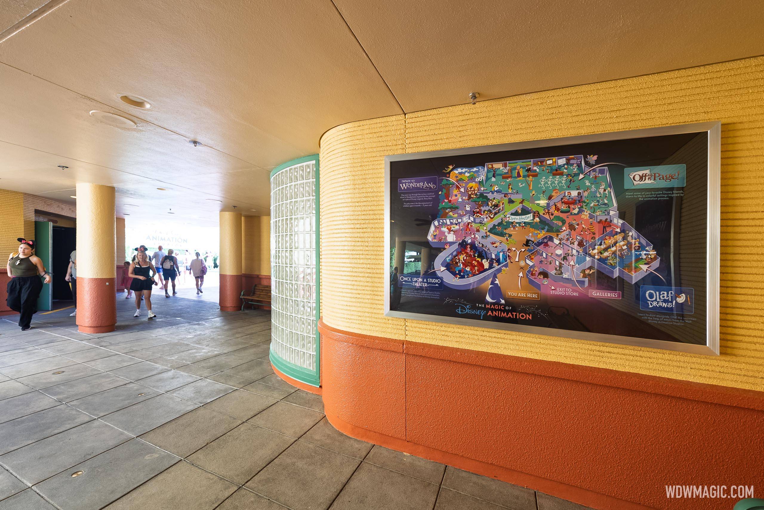 The Magic of Disney Animation interior map on display near the entrance, showing sections including Drawn to Wonderland, Off the Page!, Olaf Draws!, and the Once Upon a Studio Theater