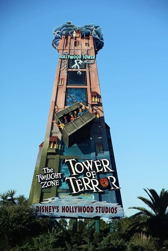 The Tower of Terror billboard features a moving elevator and has is a Walt Disney World landmark