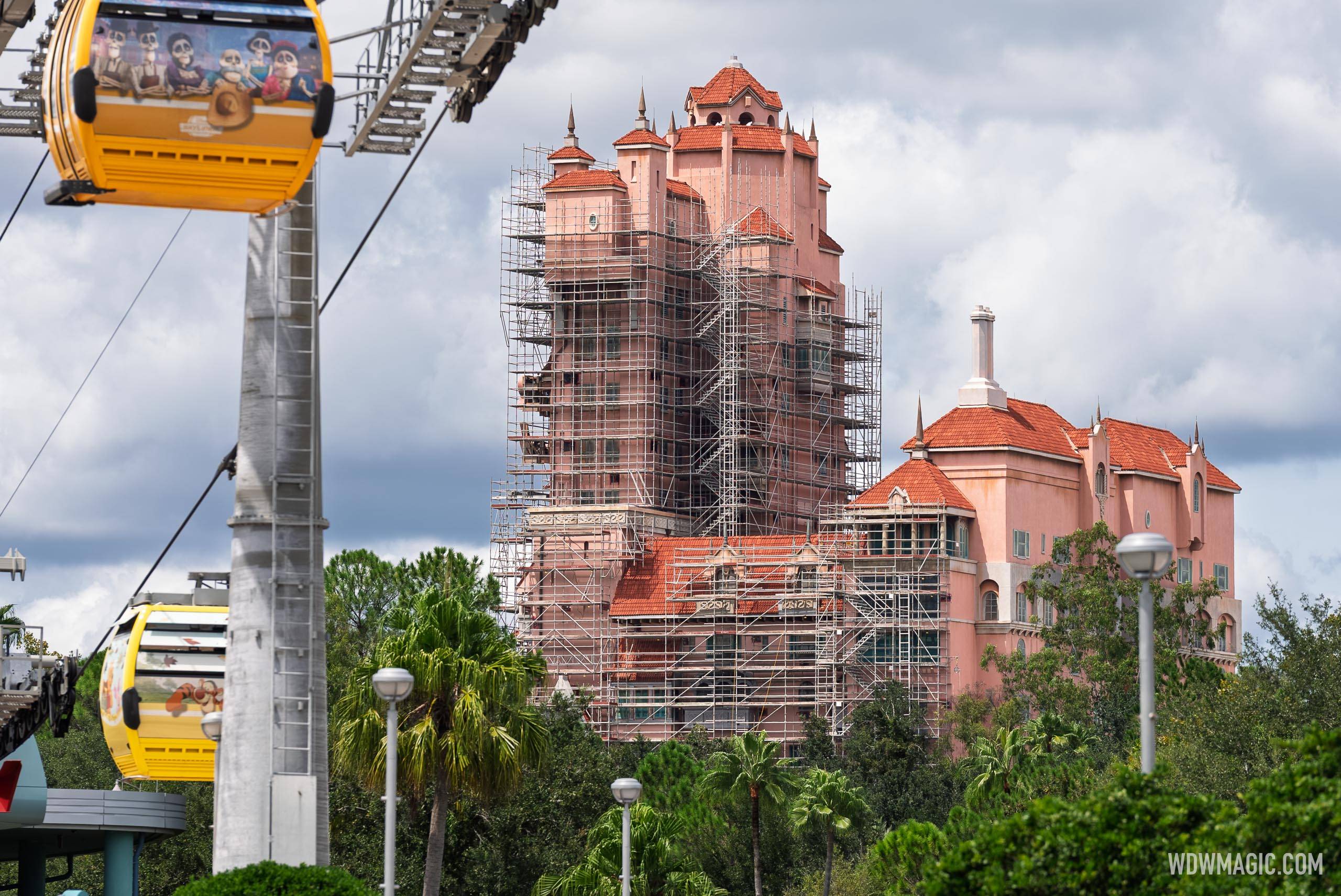 Scaffolding covers much of the Tower of Terror's facade