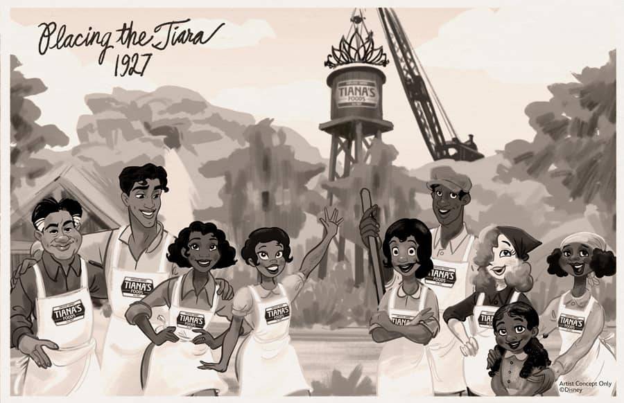 A tiara-topped water tower emblazoned with the Tiana's Foods logo will make its way to Magic Kingdom