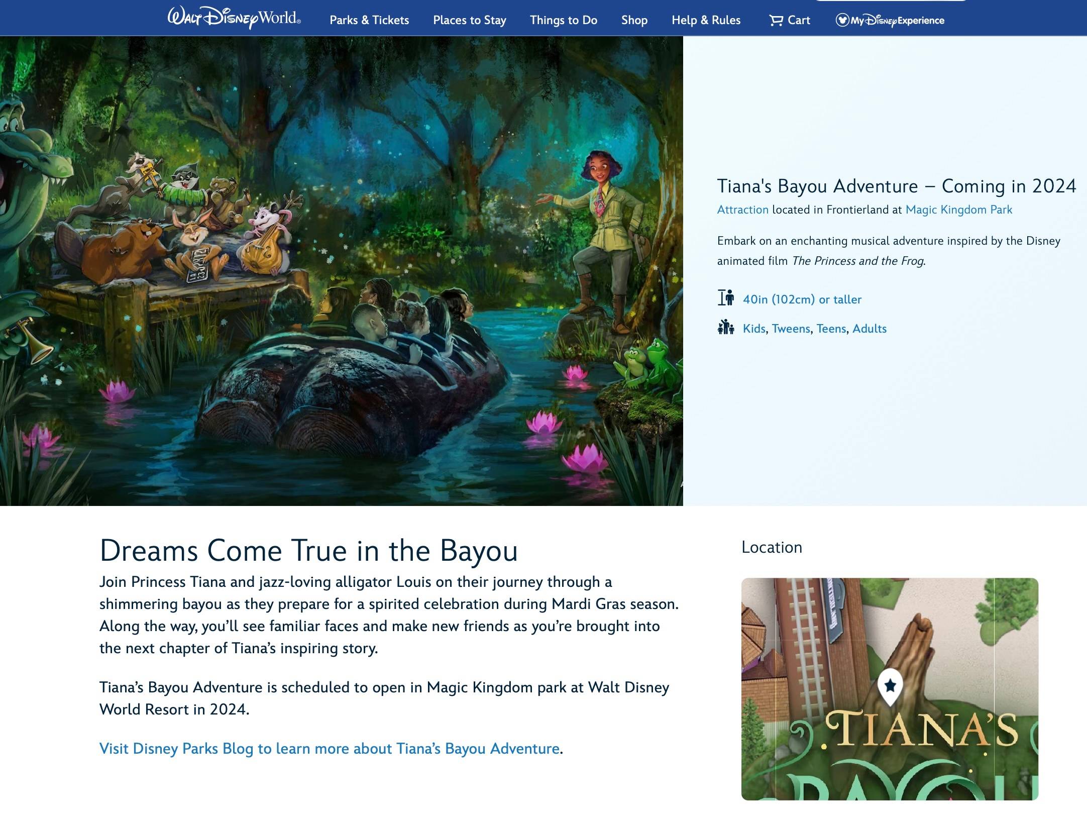 Tiana's Bayou Adventure web page on official Disney World website