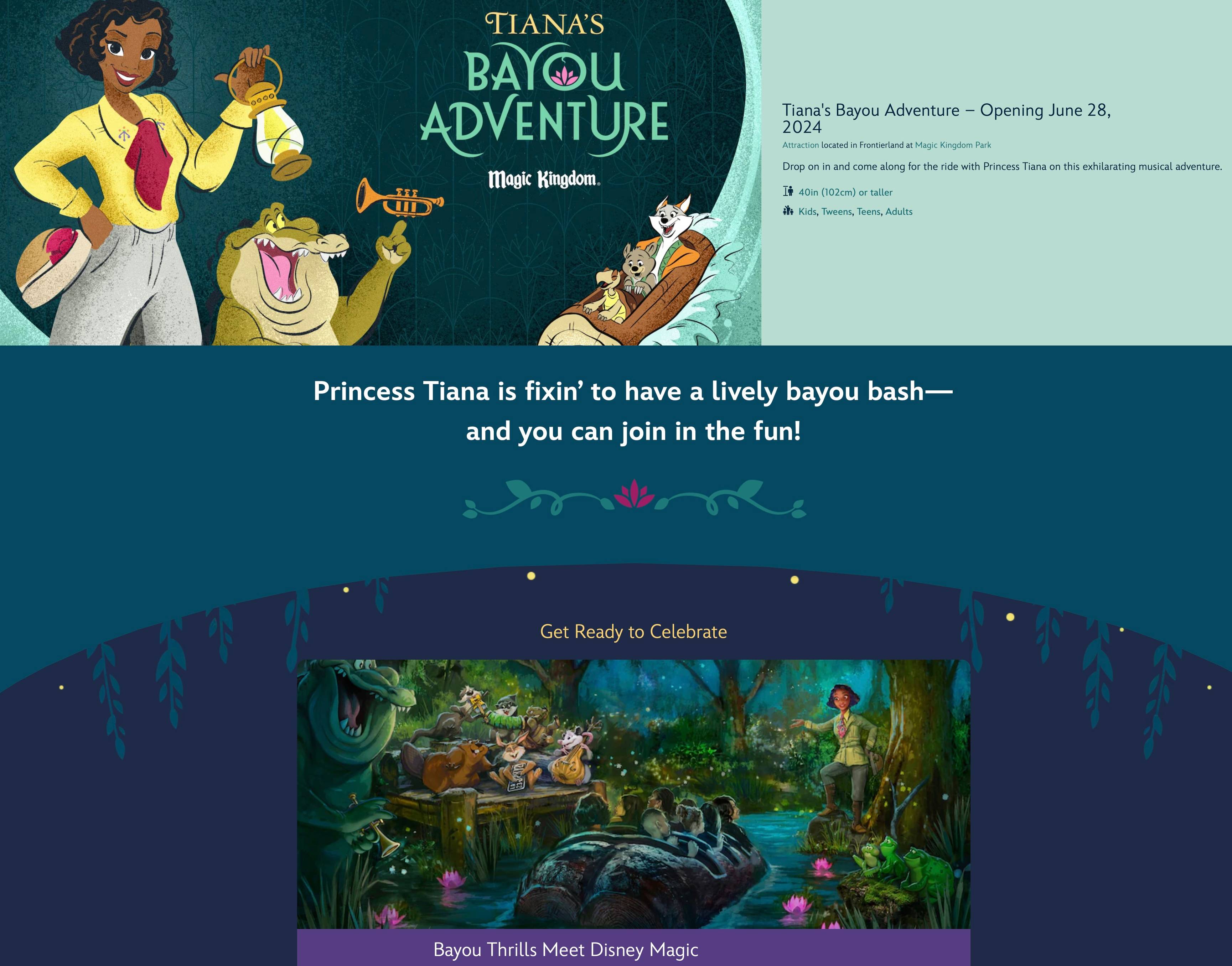 New Tiana's Bayou Adventure official webpage