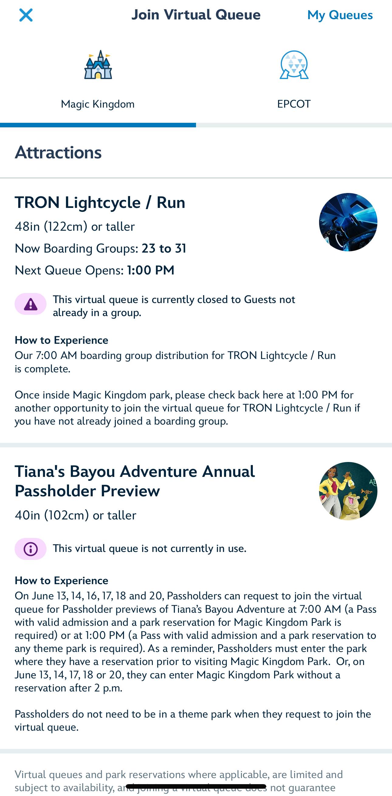 Tiana's Bayou Adventure Virtual Queue in My Disney Experience