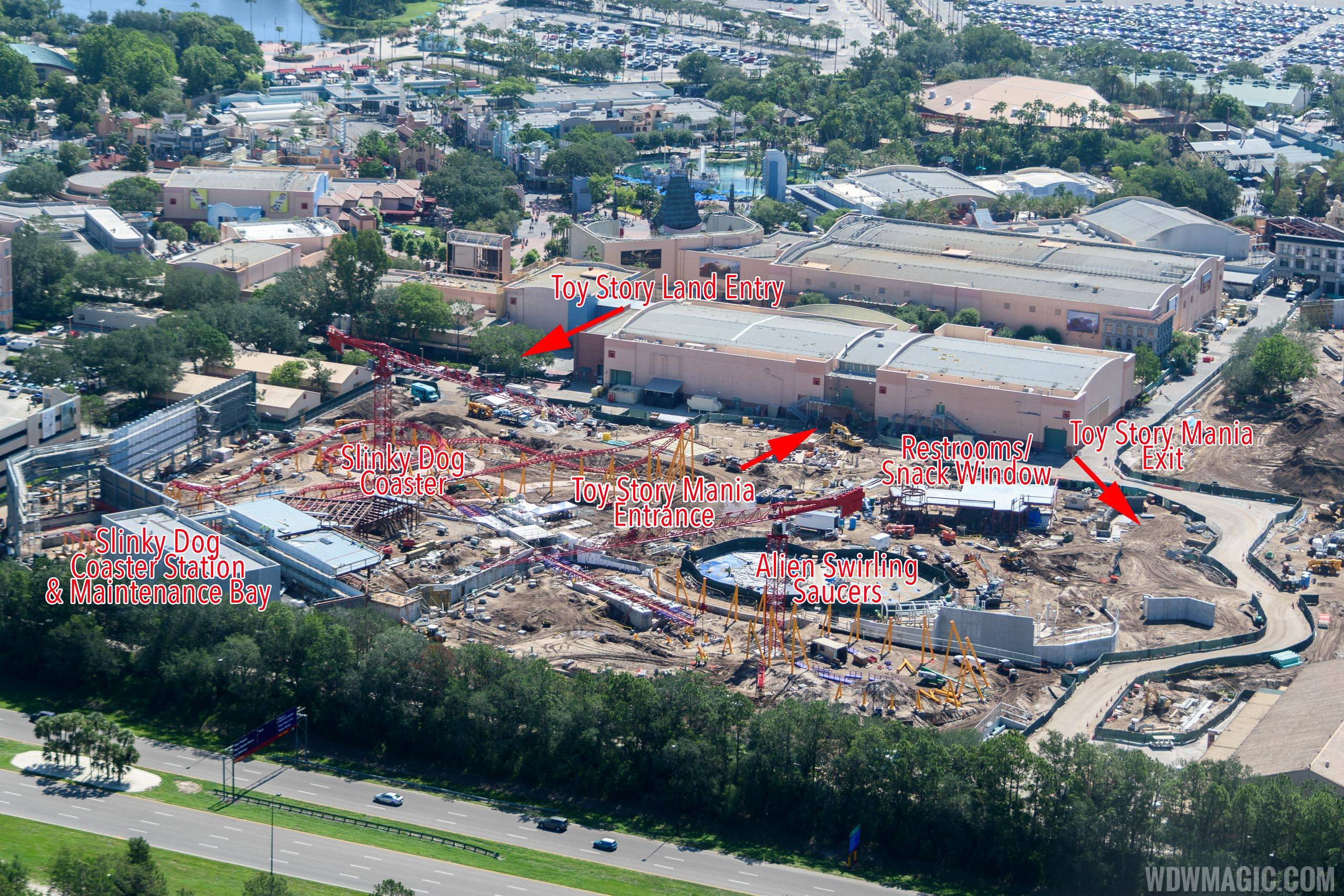 Annotated aerial view of Toy Story Land under construction