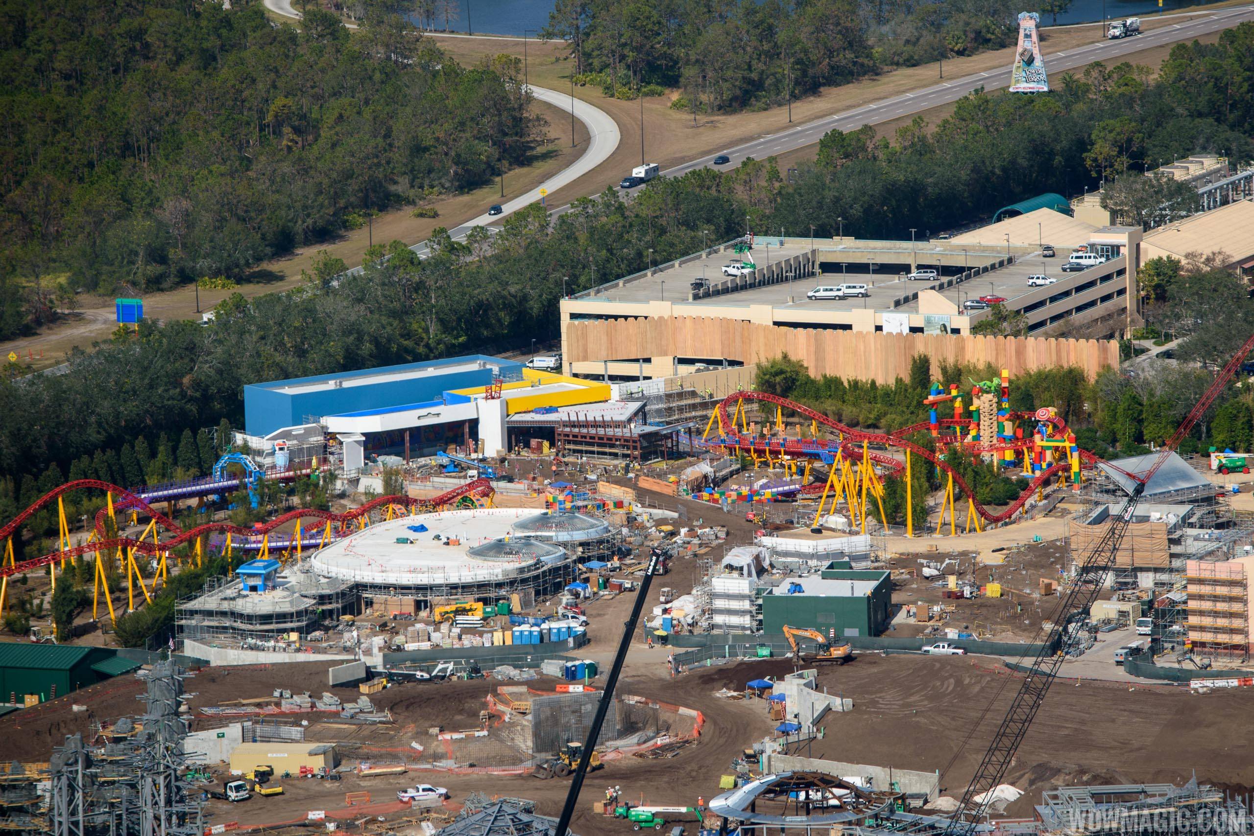 Wide aerial view of Toy Story Land 
