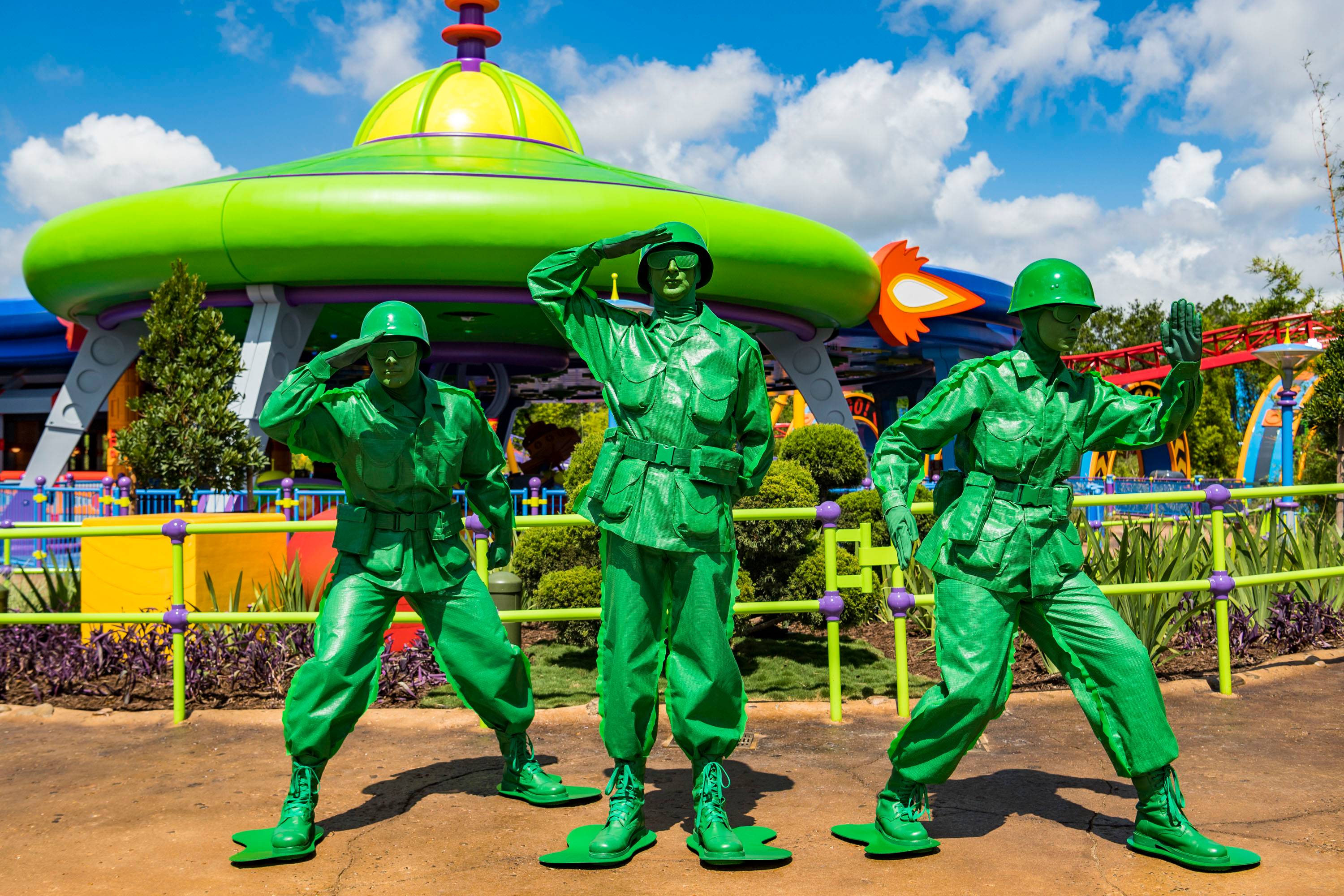 Green Army Men march through the land several times a day and stop to play Sarge Says with guests