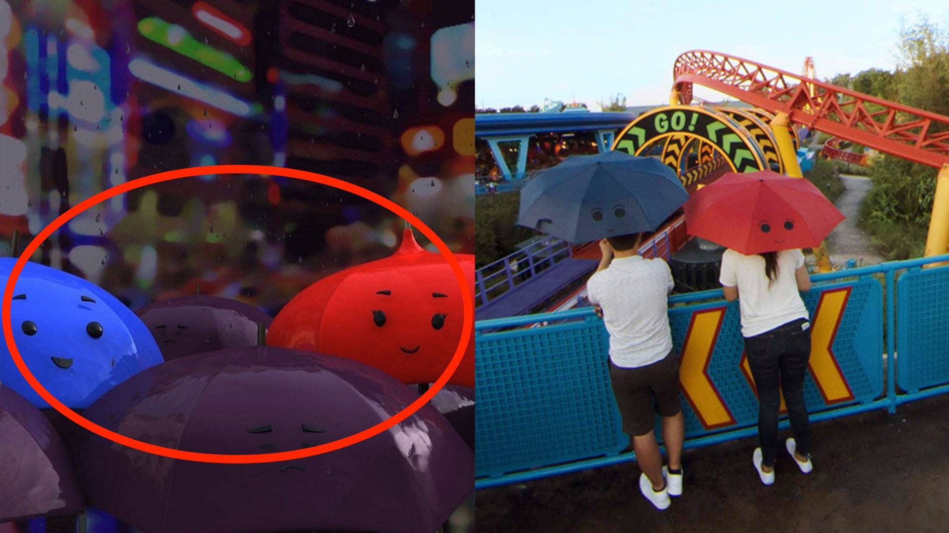 A pair of guests holding umbrellas in reference to the Pixar Short, “The Blue Umbrella”