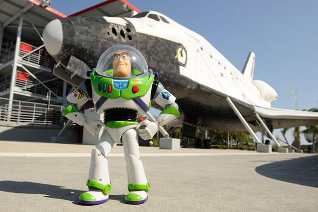Buzz Lightyear heading into space to celebrate the opening of Toy Story Mania