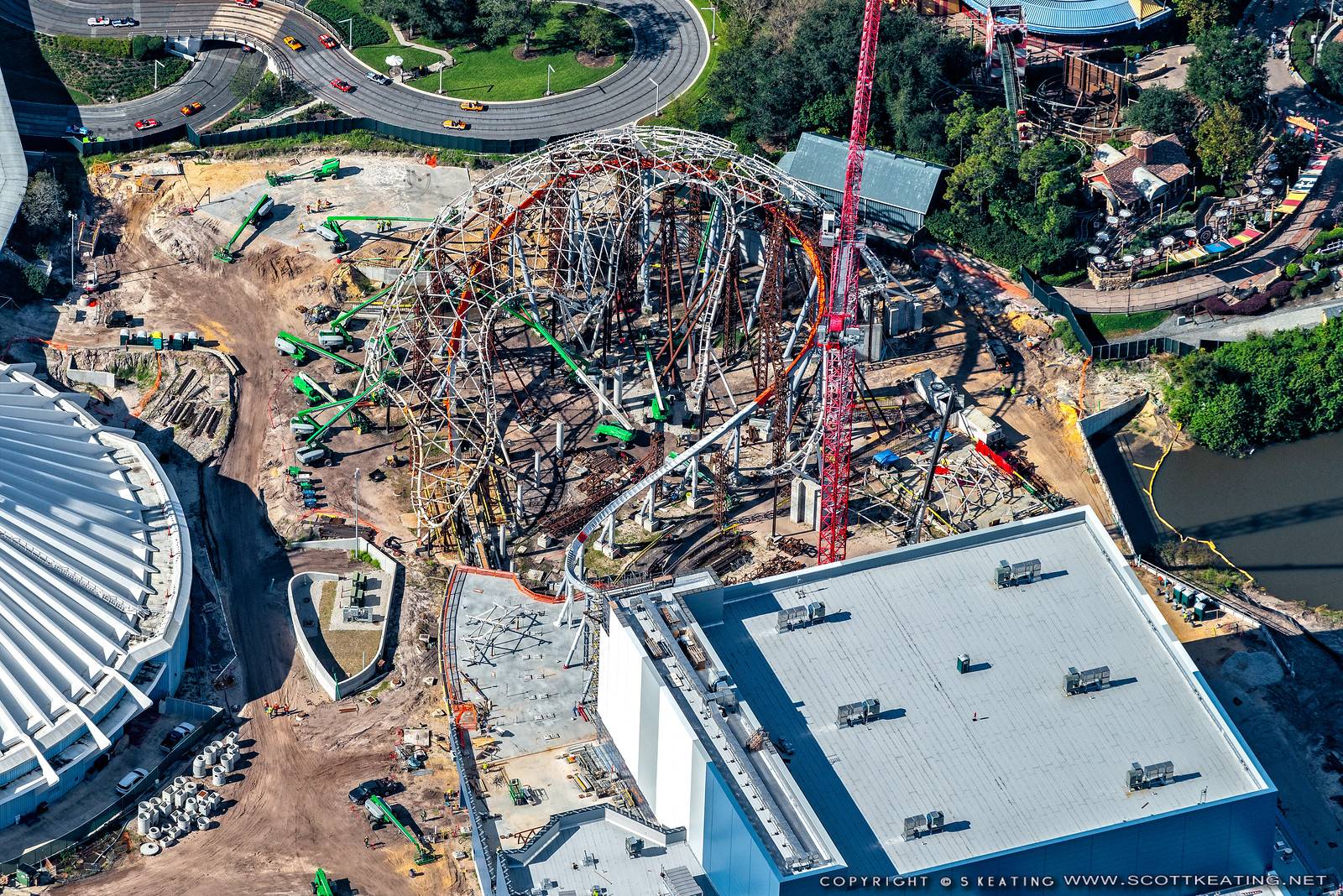 Aerial view of TRON Lightcycle Run construction - Early December 2020