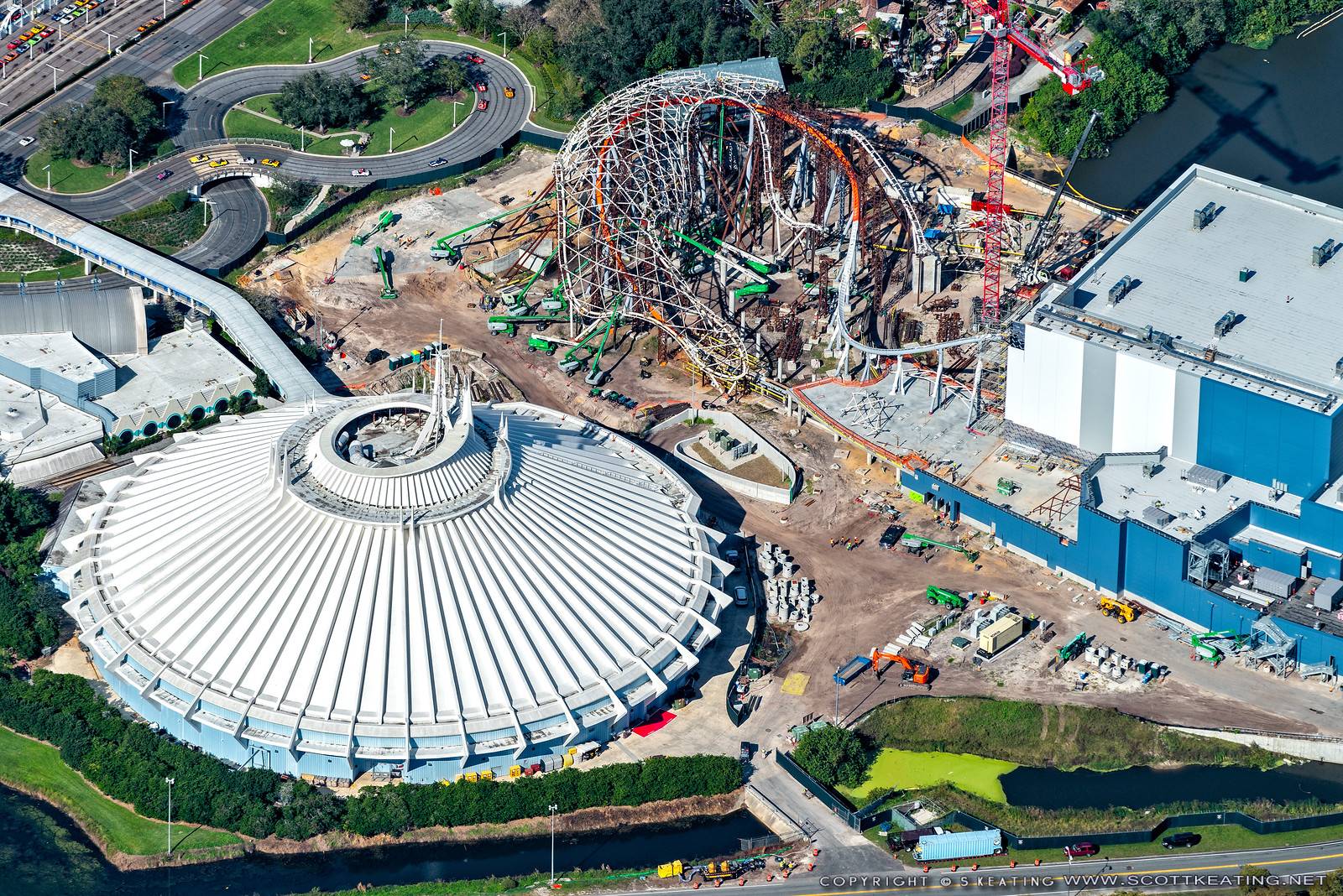 Aerial view of TRON Lightcycle Run construction - Early December 2020