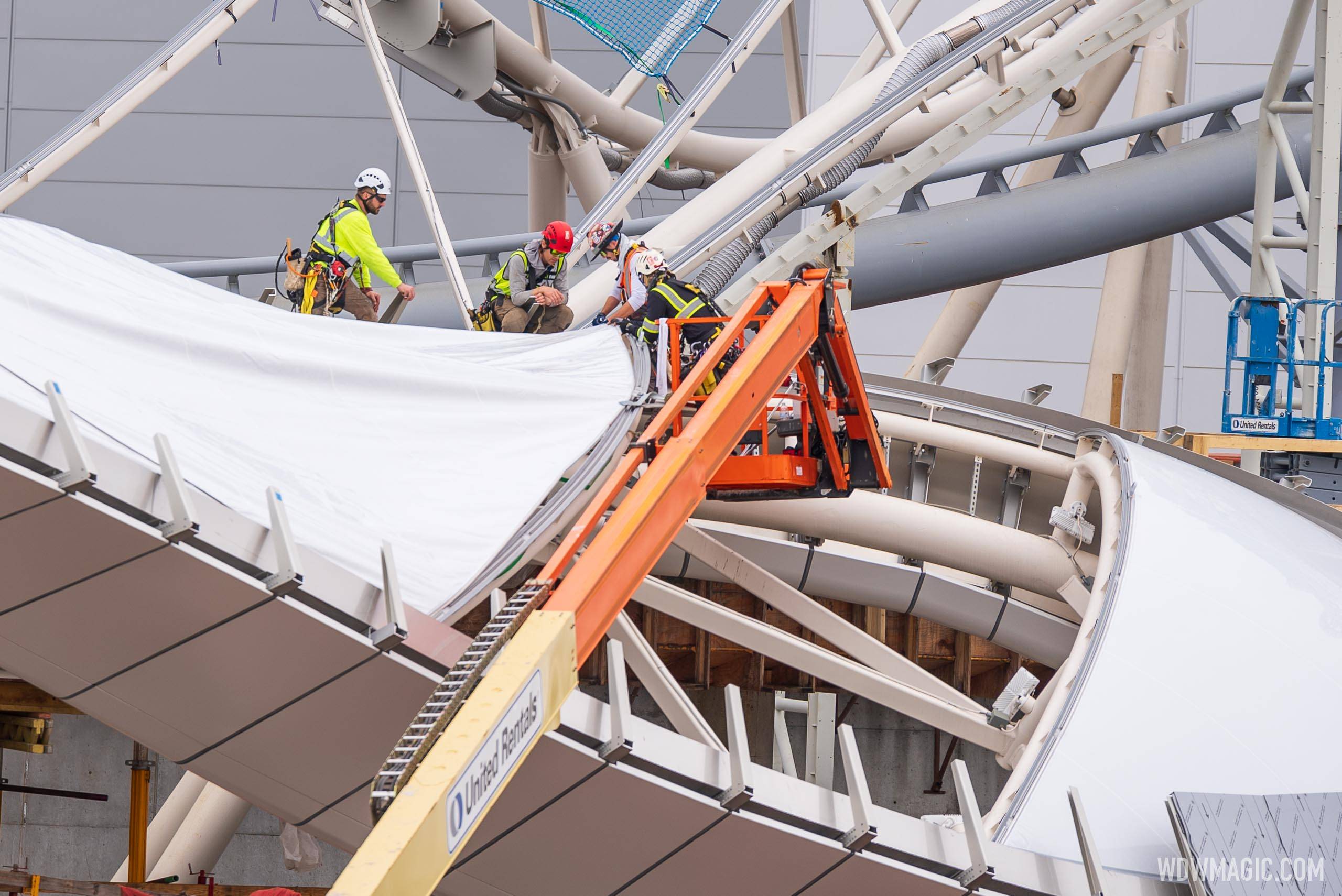 Latest look at the ETFE cushion canopy installation at TRON Lightcycle Run in Magic Kingdom