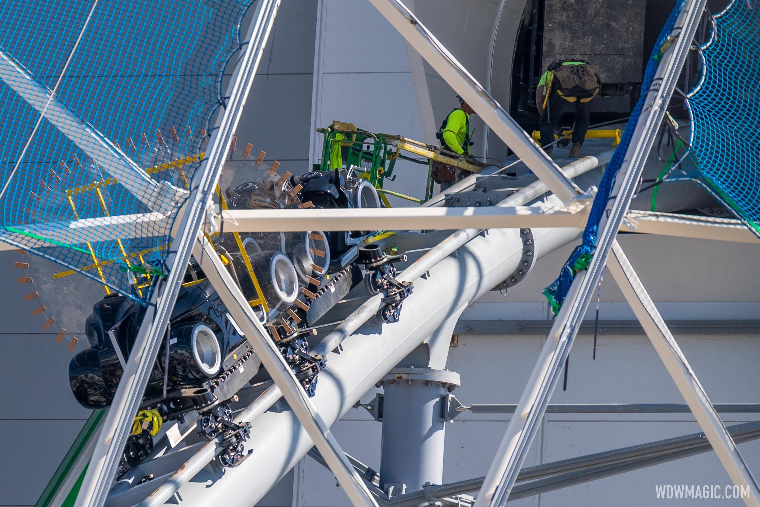 Ride vehicle push-pull testing gets underway at Walt Disney World's TRON Lightcycle Run rollercoaster