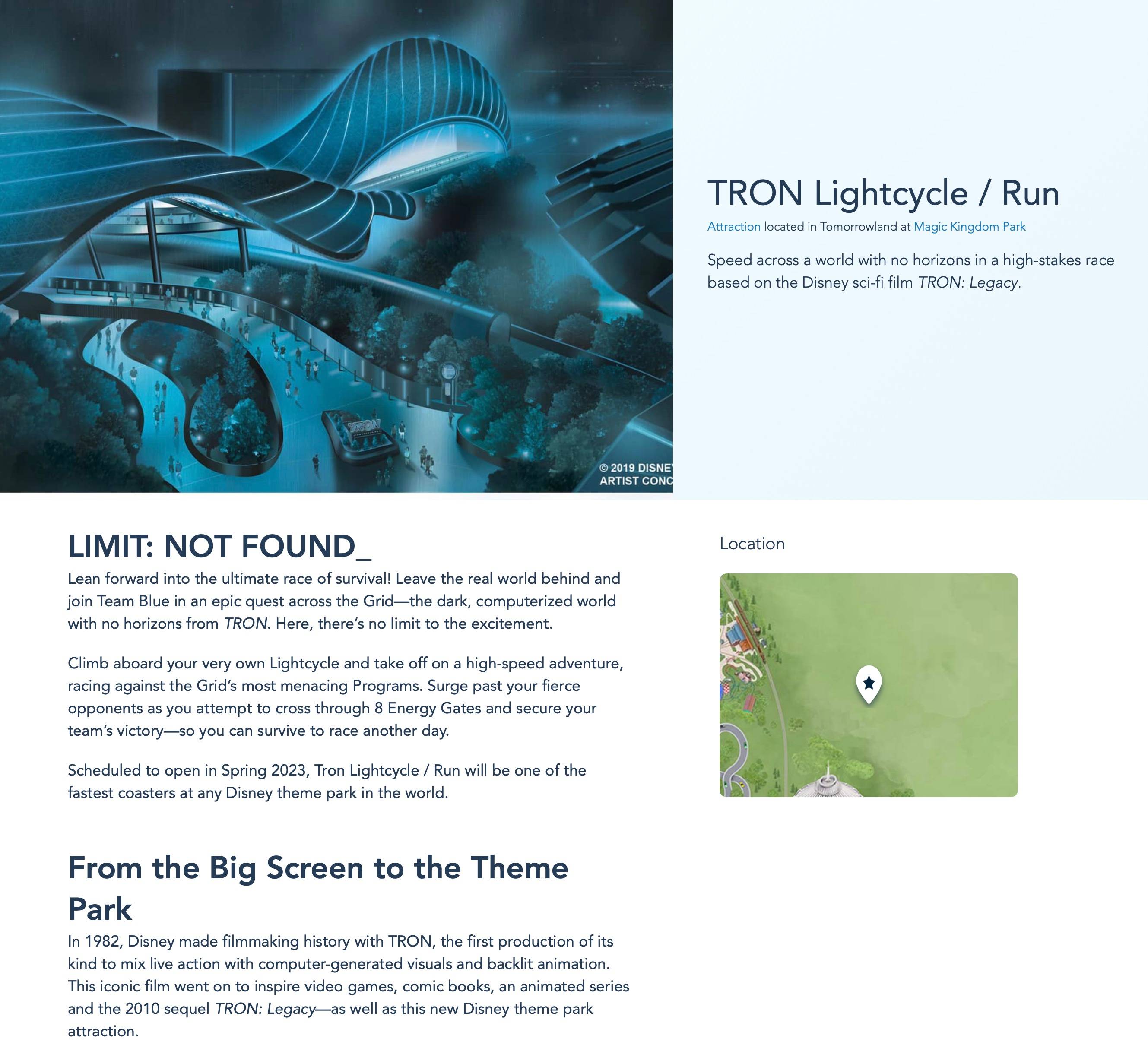 TRON Lightcycle Run page goes live on the Disney World website