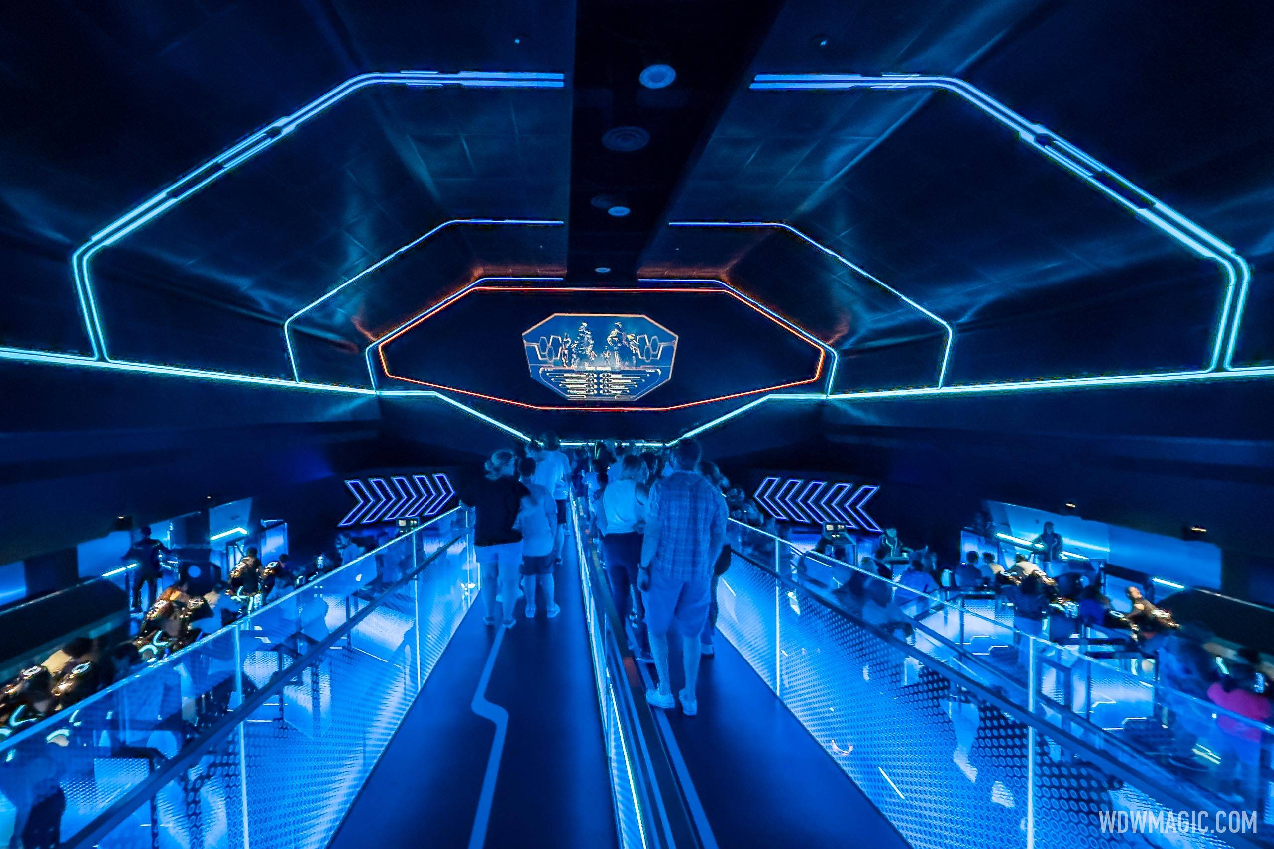 Wide view of the TRON Lightcycle Run boarding area