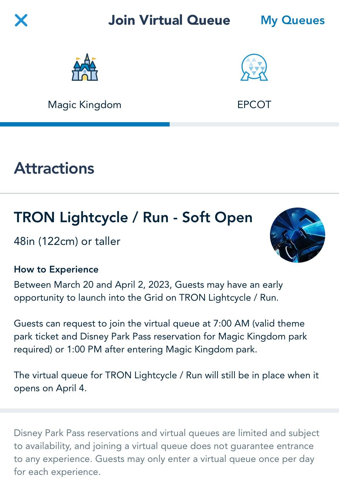 TRON Lightcycle Run Virtual Queue added to My Disney Experience for the soft open beginning March 20
