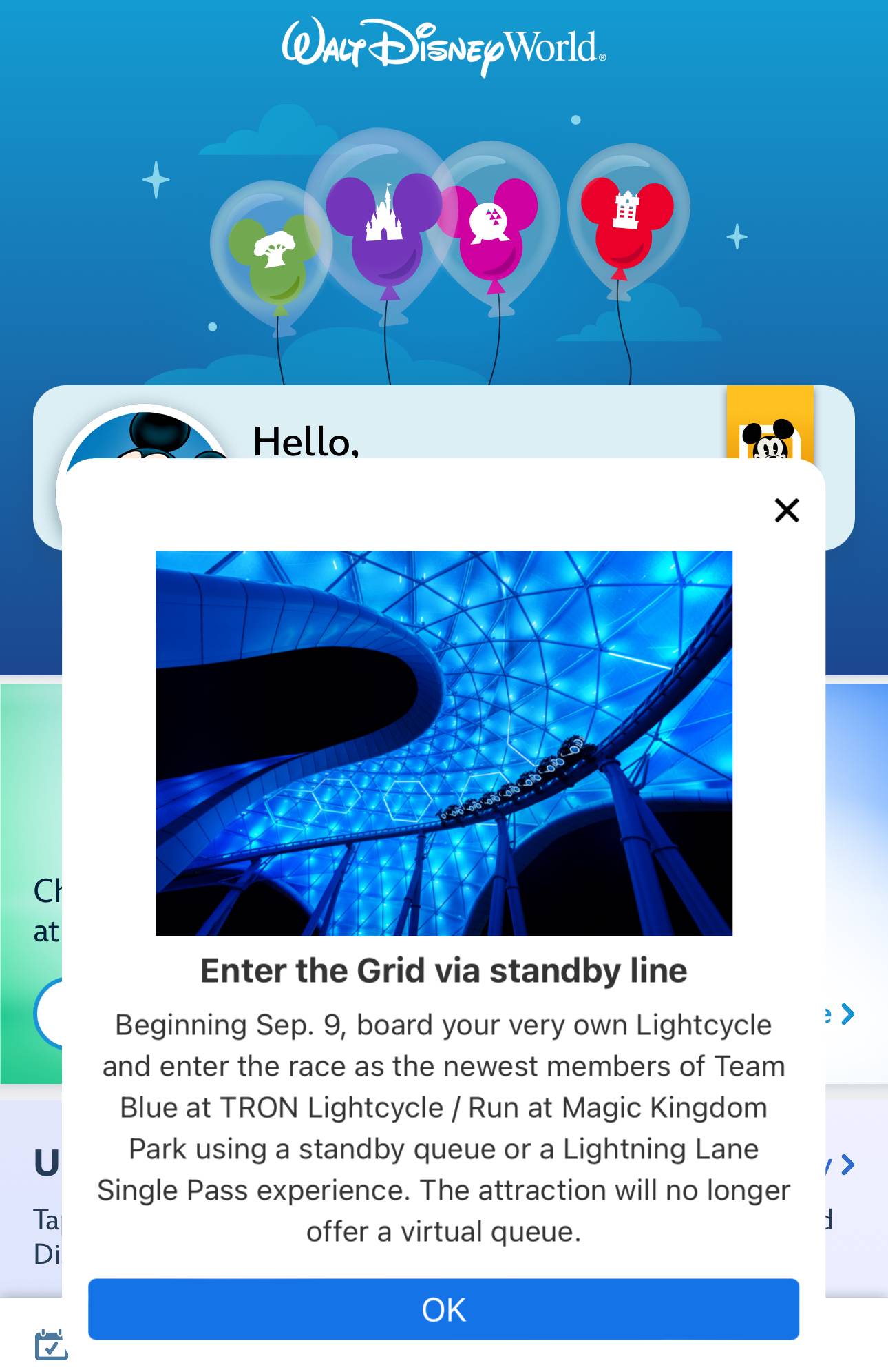 TRON Lightcycle Run Virtual Queue Removal Notification in My Disney Experience