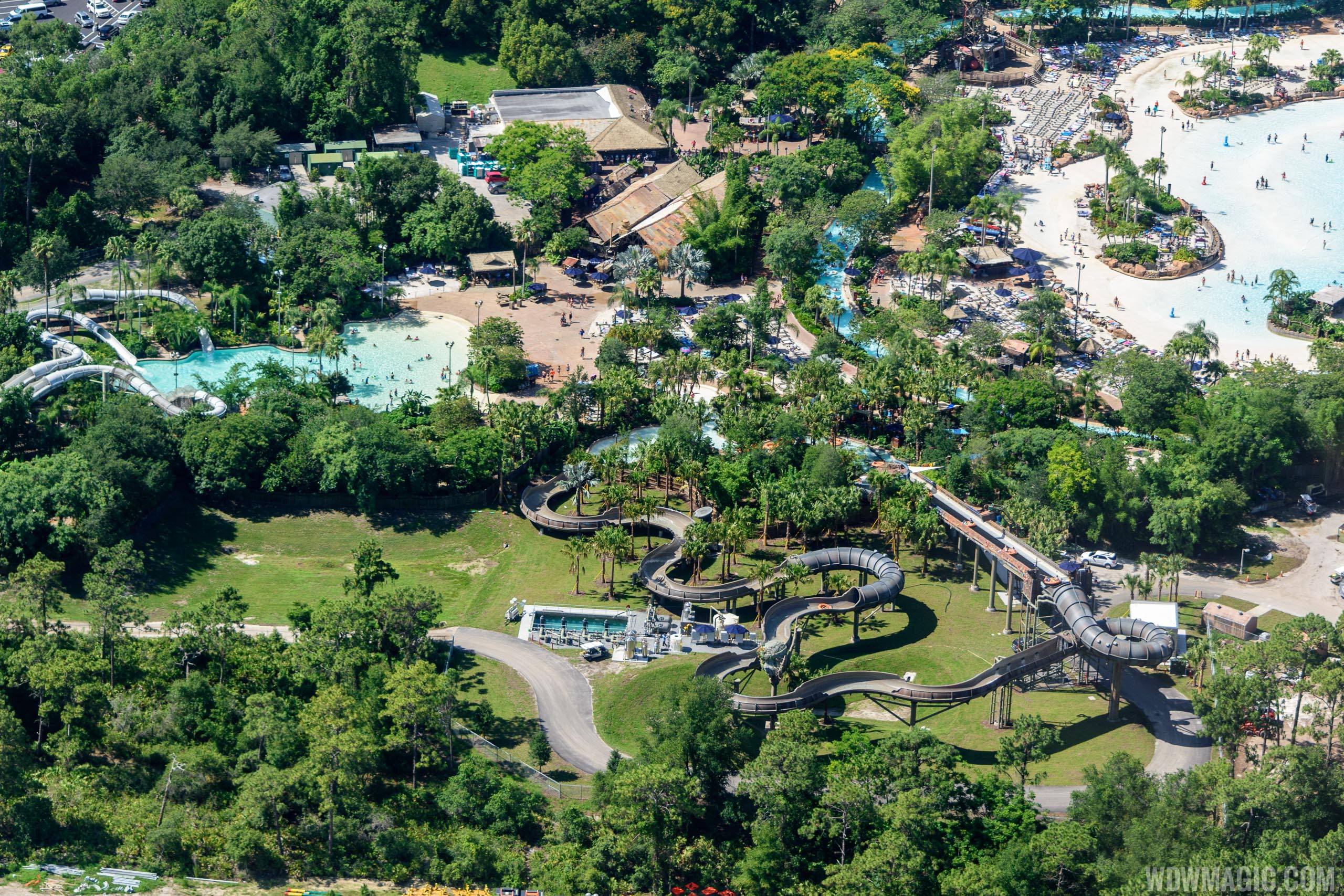 Aerial view of Crush n Gusher and Miss Adventure Falls at Typhoon Lagoon