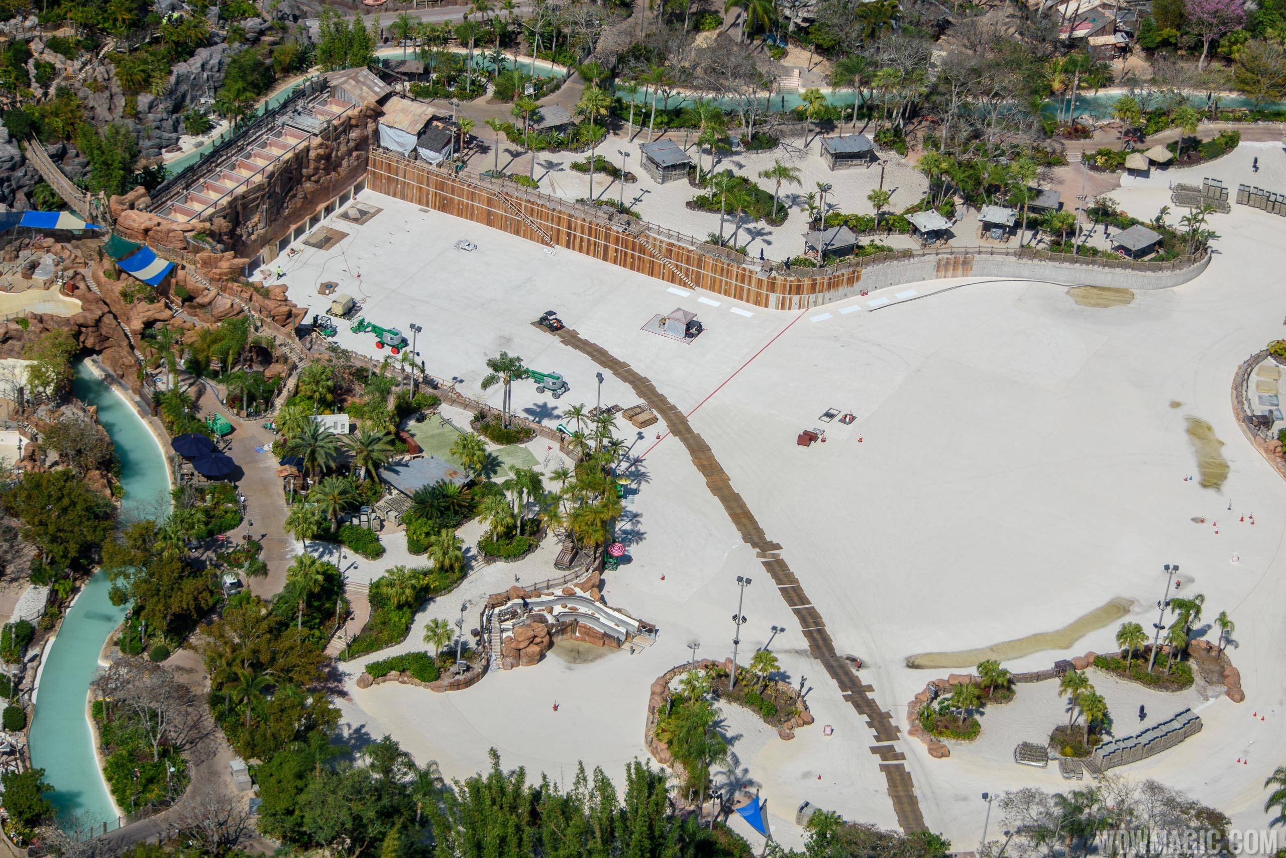 Aerial view of Typhoon Lagoon wave pool emptied