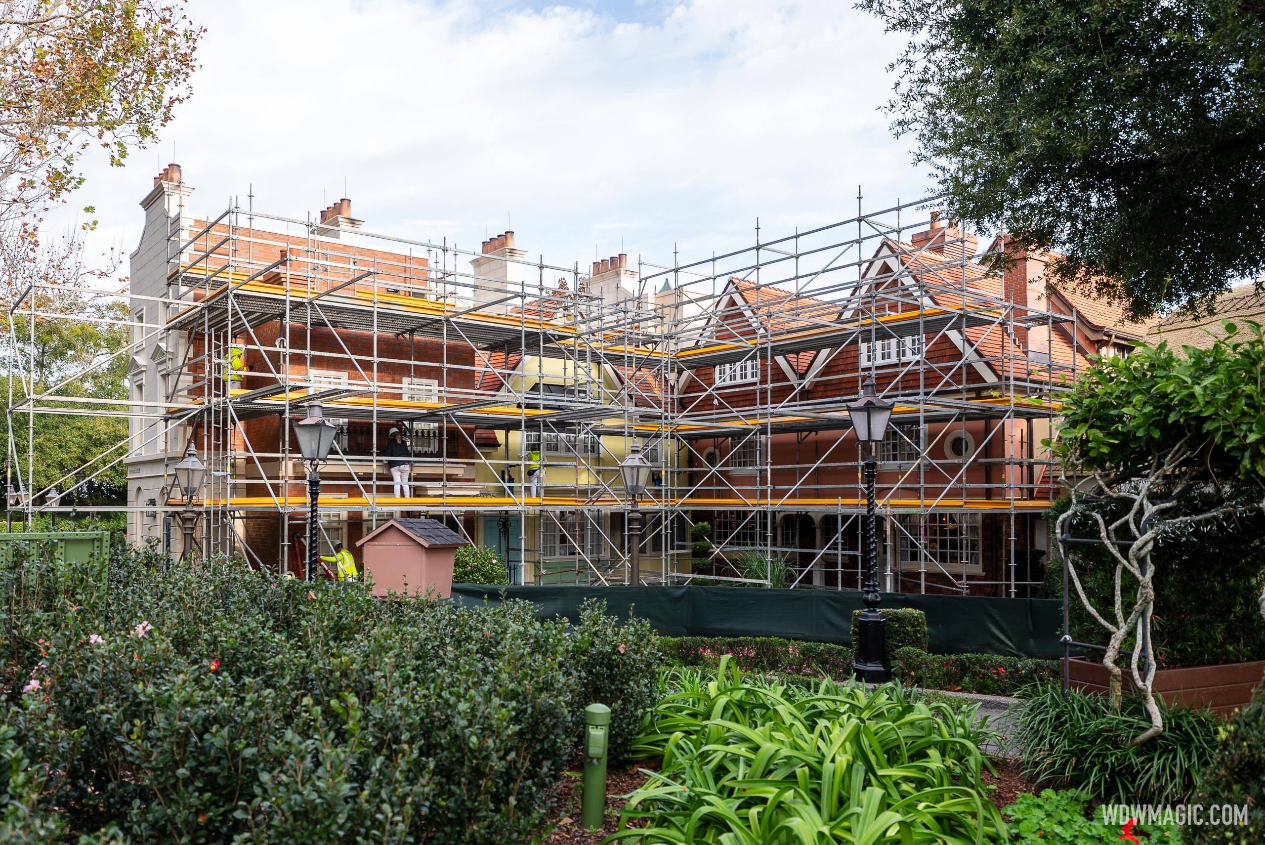 Scaffolding up at EPCOT's United Kingdom pavilion as refurbishment work continues