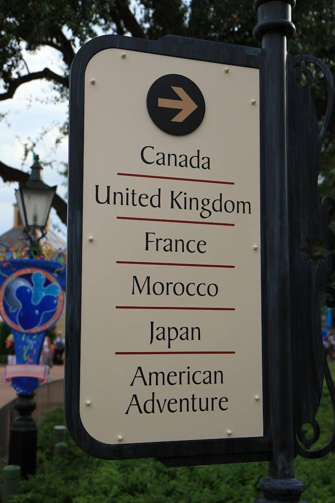 New directional signage at the entrance to World Showcase