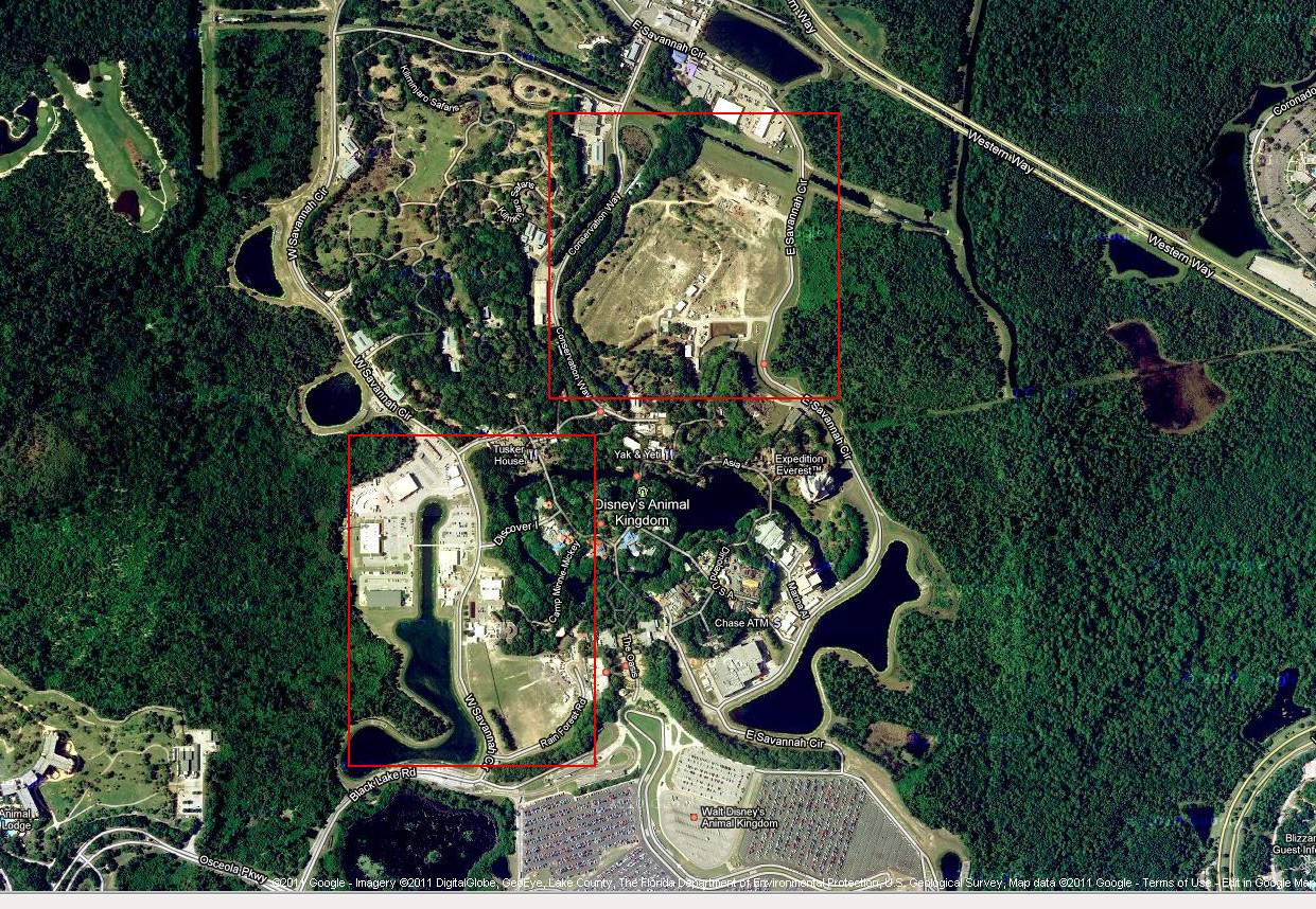 Satellite view of Animal Kingdom, with the north expansion pad and the western expansion pad boxed in red