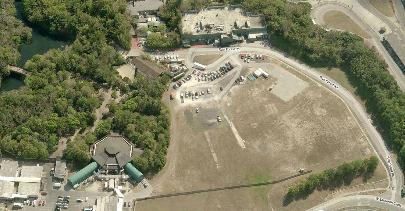 Close-up look at the proposed Beastly Kingdom plot behind Camp Minnie-Mickey - Rainforest Cafe at the top, existing Camp Minnie-Mickey at the left