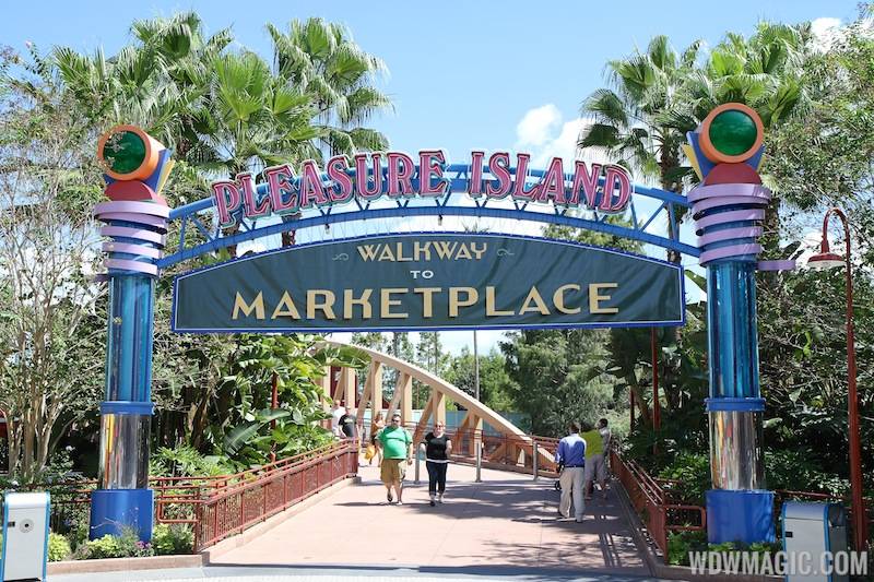 New signage at the entrance of Pleasure Island directs guests to the Marketplace