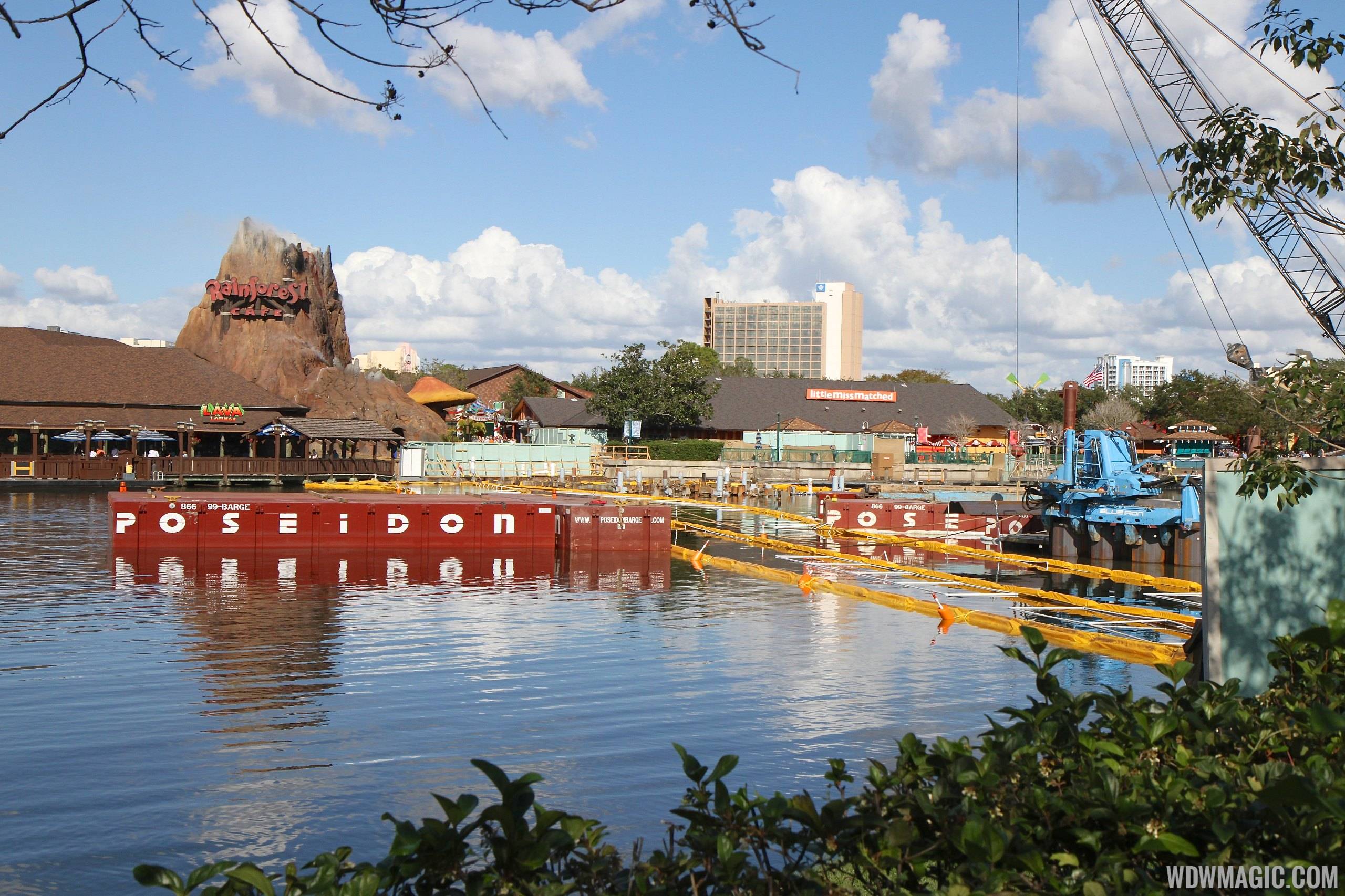 Construction equipment working on the Disney Springs Marketplace Causeway