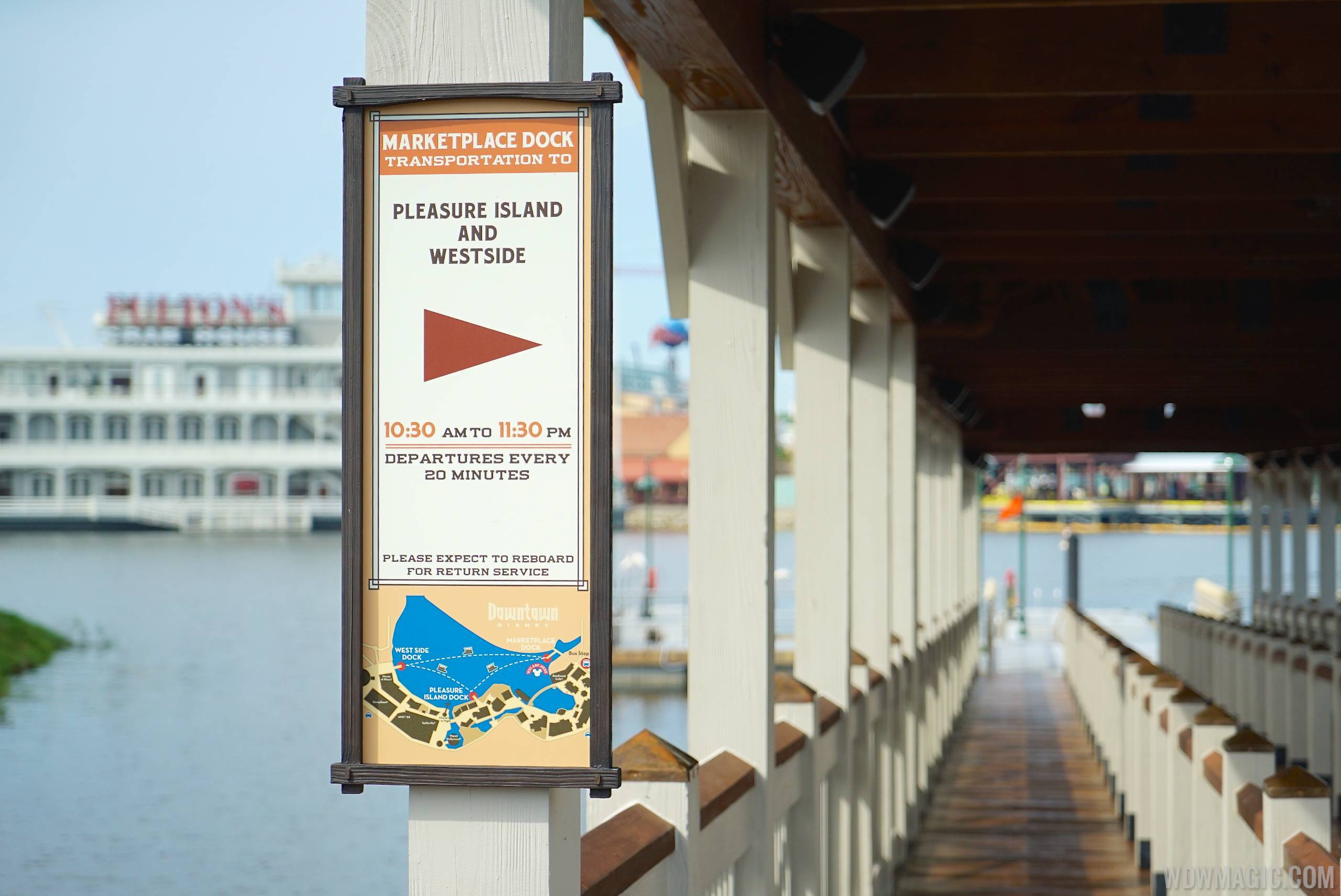 Marketplace to Saratoga Springs bridge and boat dock - Ferry signage