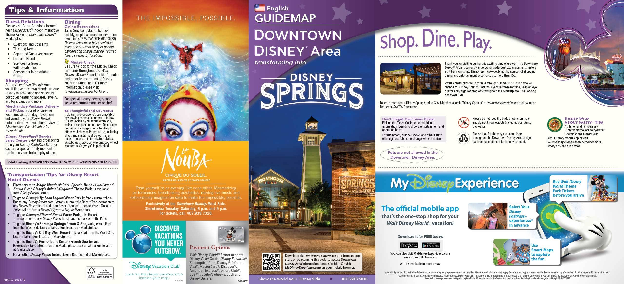 Disney Springs on the front cover of Downtown Disney Guide Map