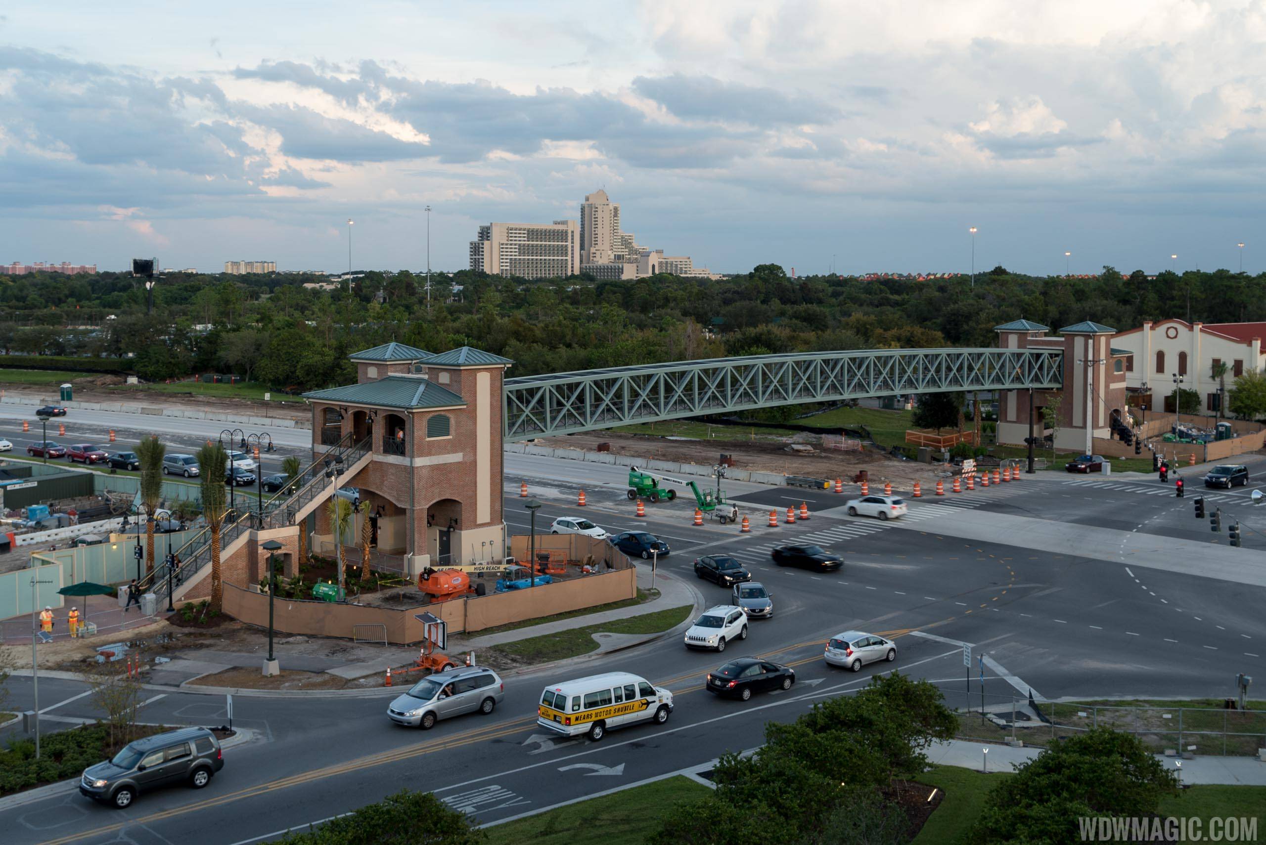 Completed pedestrian bridge viewed from the Orange Parking Garage
