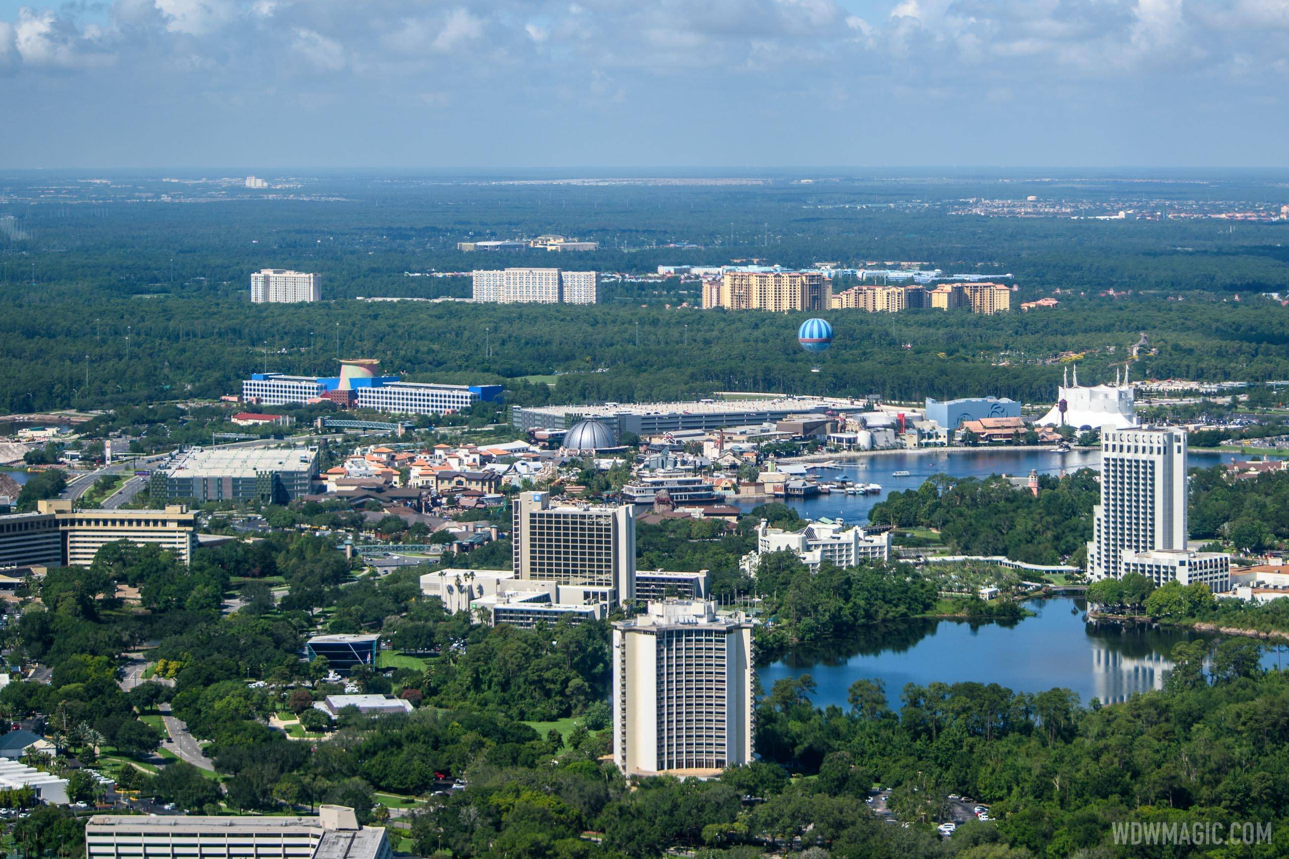 Aerial view of the Disney Springs Resort area hotels on Hotel Plaza Blvd