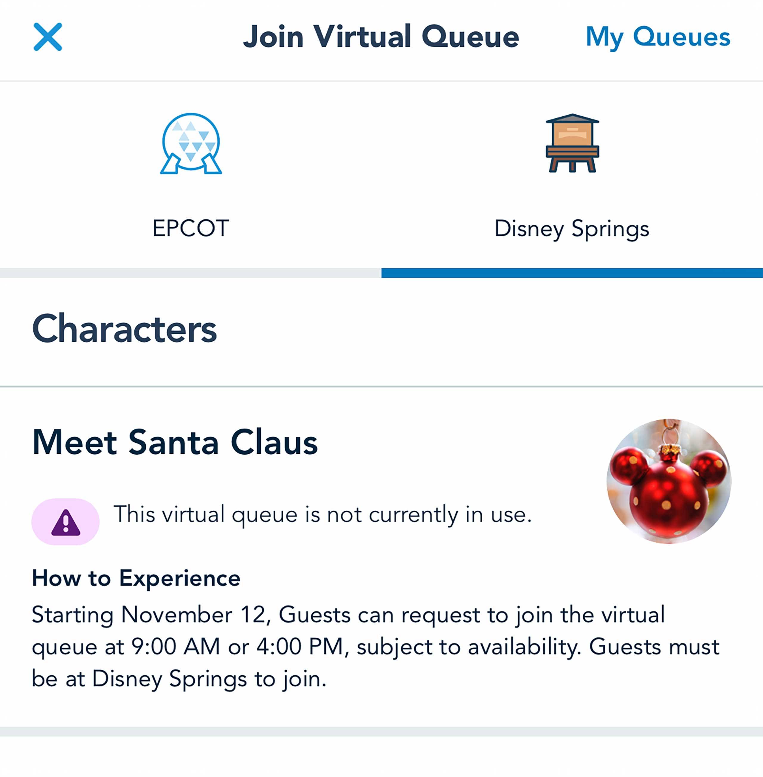 Meeting Santa at Disney Springs will require a virtual queue reservation in My Disney Experience this year