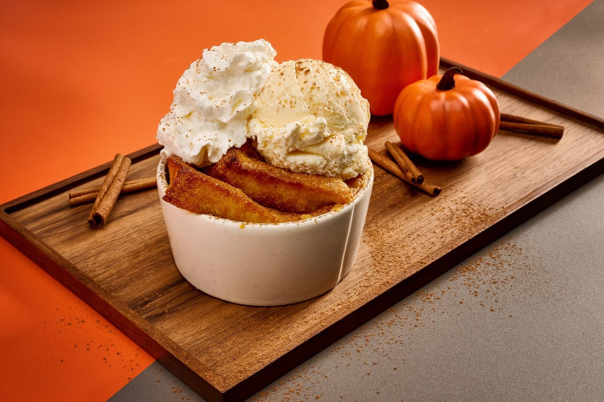 Pumpkin Bread Pudding Topped with Vanilla Ice Cream House Made Whipped Cream