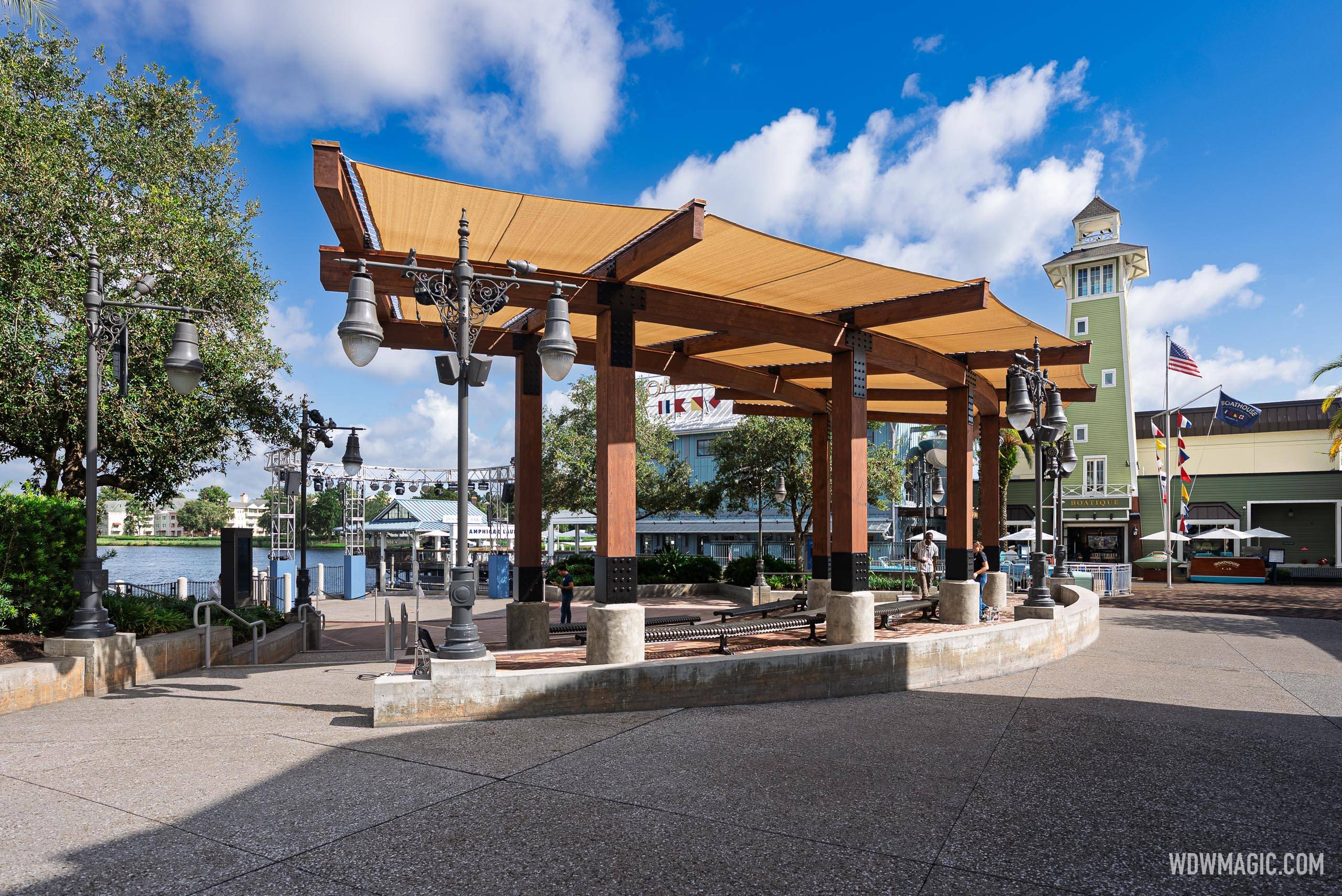 The new shade canopy at Waterview Park features warm tan sail panels supported by a dark wood and metal frame