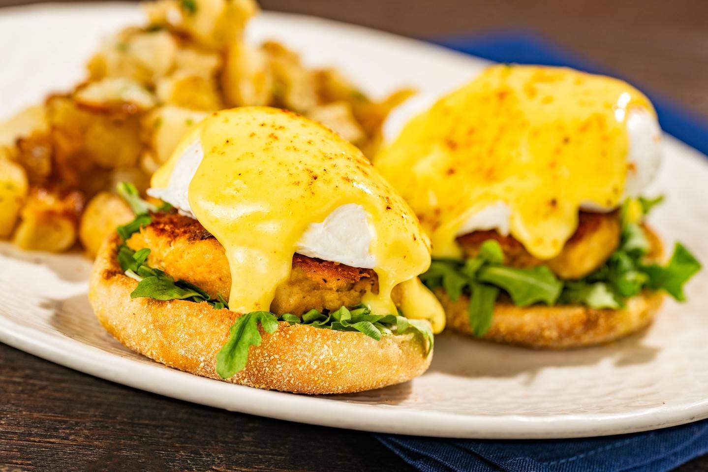 Crab Cake Eggs Benedict: Poached eggs, pan-seared crab cakes, hollandaise