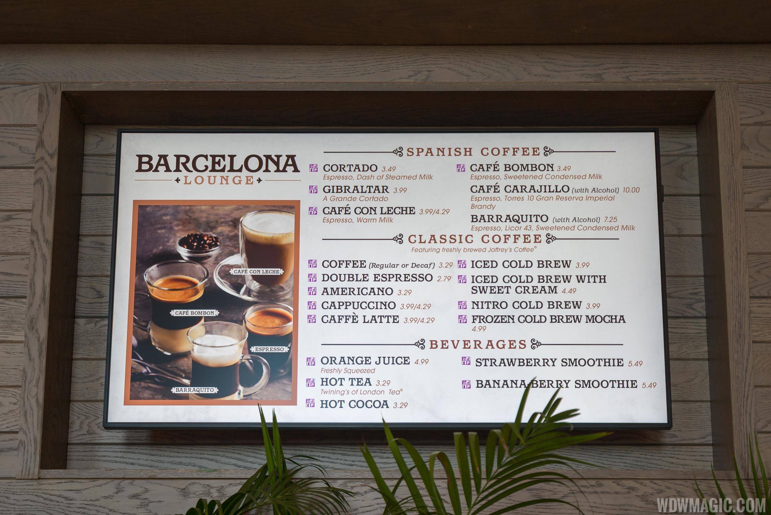 Barcelona Lounge morning coffee menu