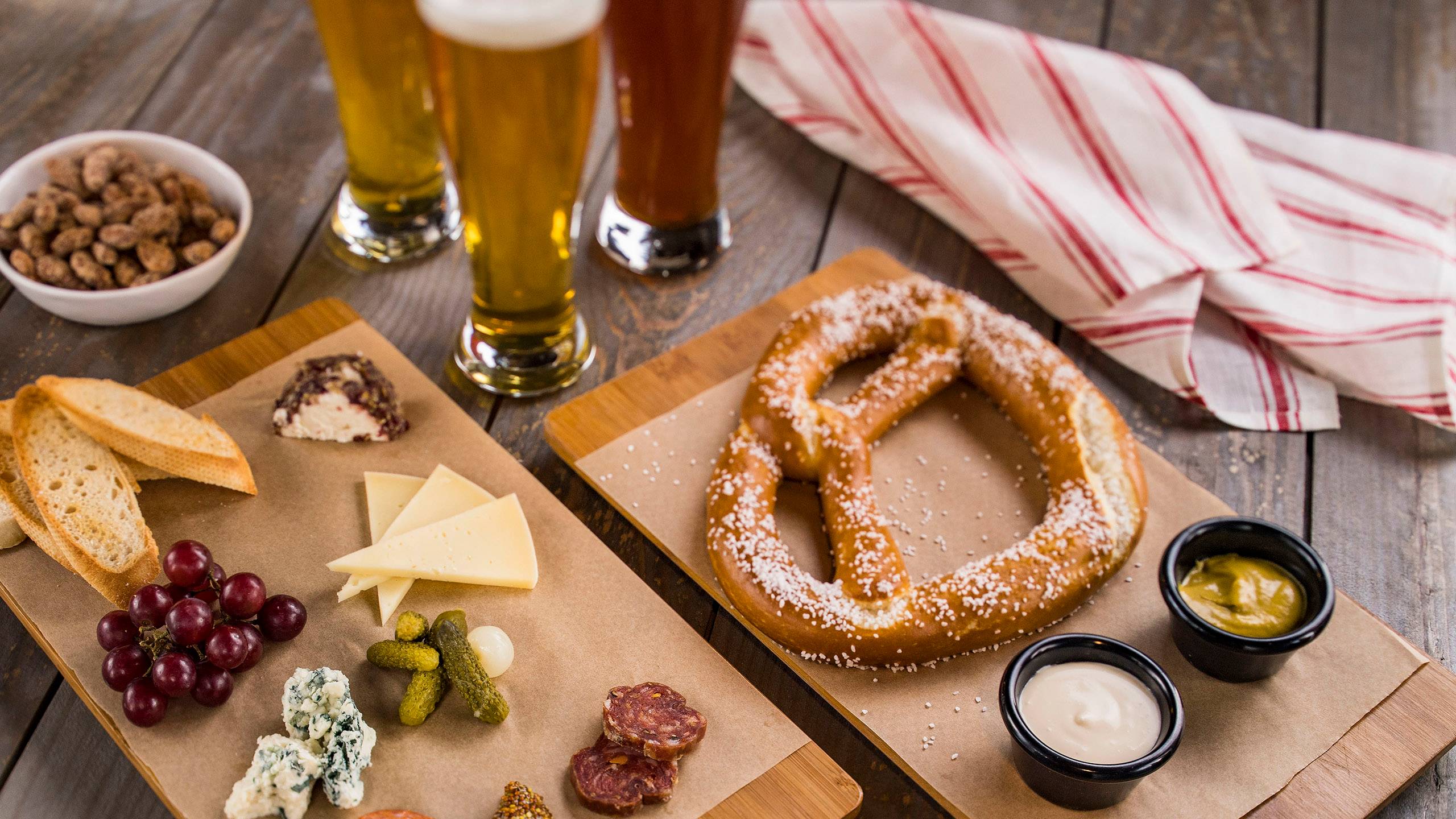 California Cheese and Charcuterie Plate and the Bavarian Pretzel with beer-cheese Fondue and Spicy Mustard