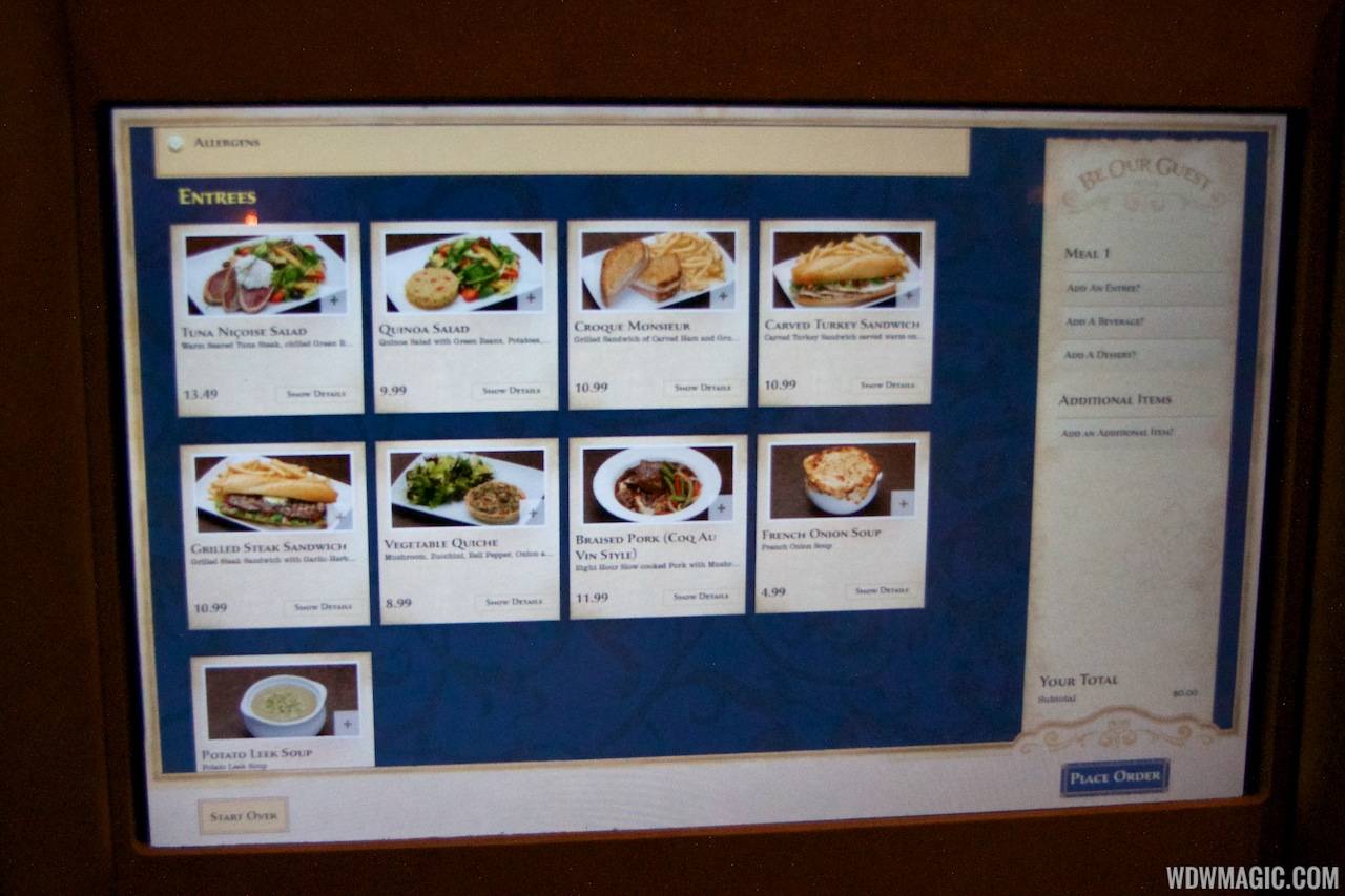 Be Our Guest Restaurant lunch - The ordering kiosk screen