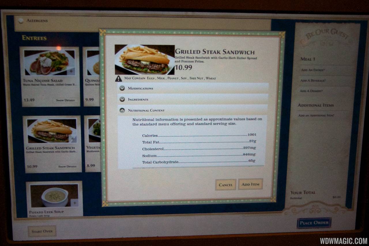 Be Our Guest Restaurant lunch - The ordering kiosk screen with nutritional info