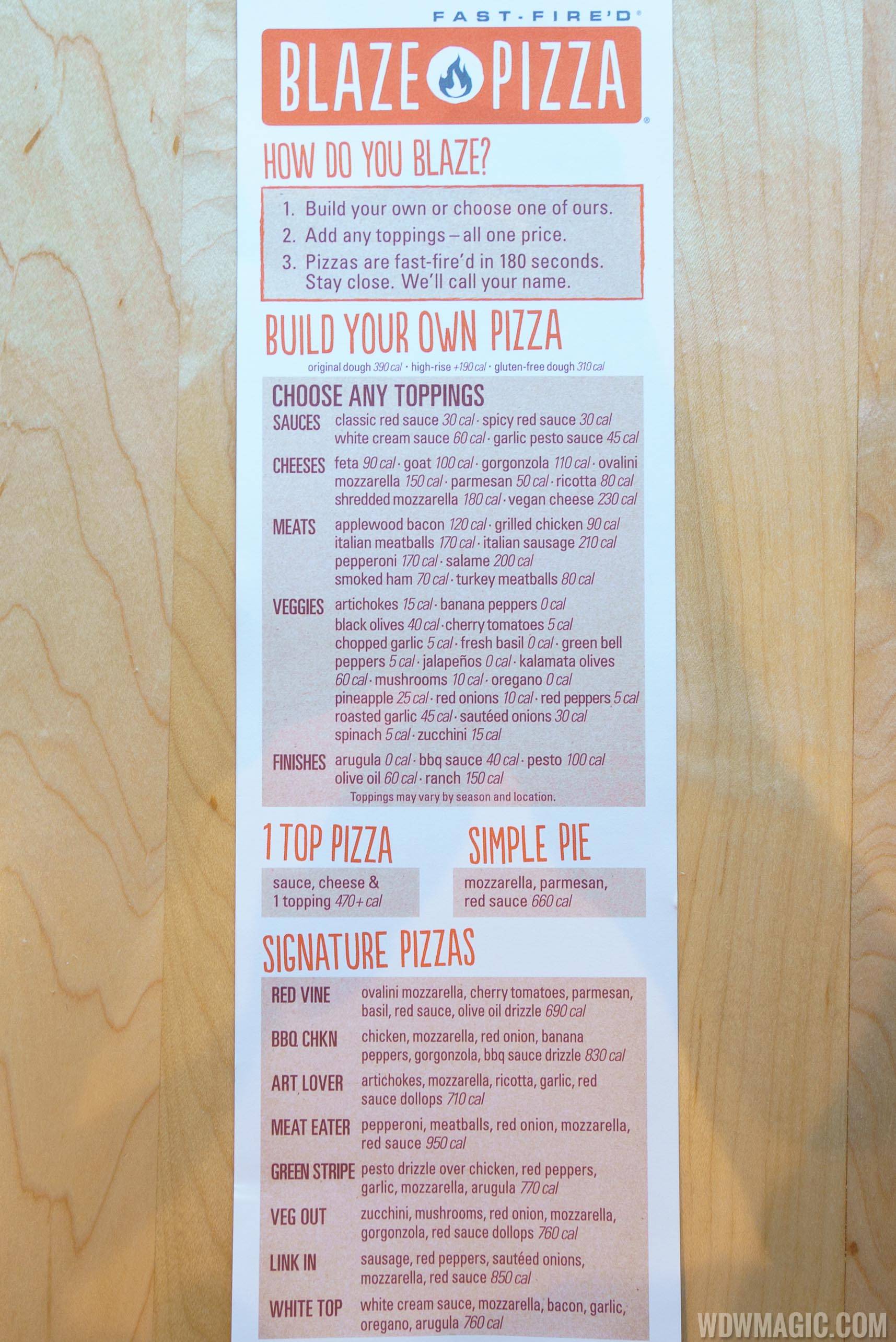 Blaze Pizza Disney Springs menu front