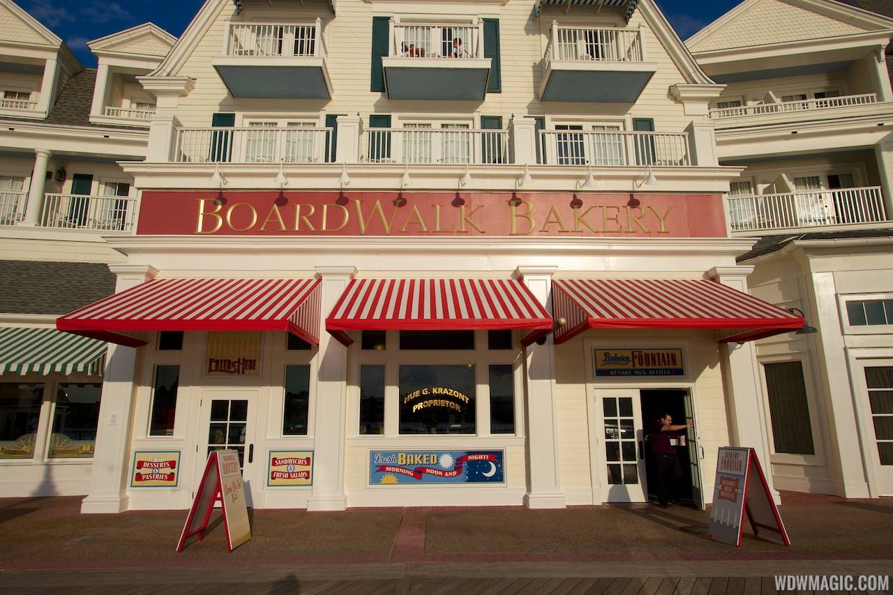 Newly refurbished BoardWalk Bakery exterior - food entrance to the left, fountain beverage refill to the right