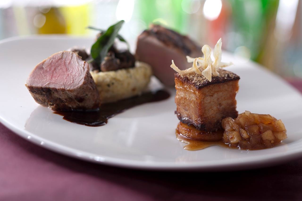 New California Grill menu - California Grill Pork Two Ways includes grilled tenderloin with creamy goat cheese polenta and mushrooms, and lacquered pork belly with house made applesauce