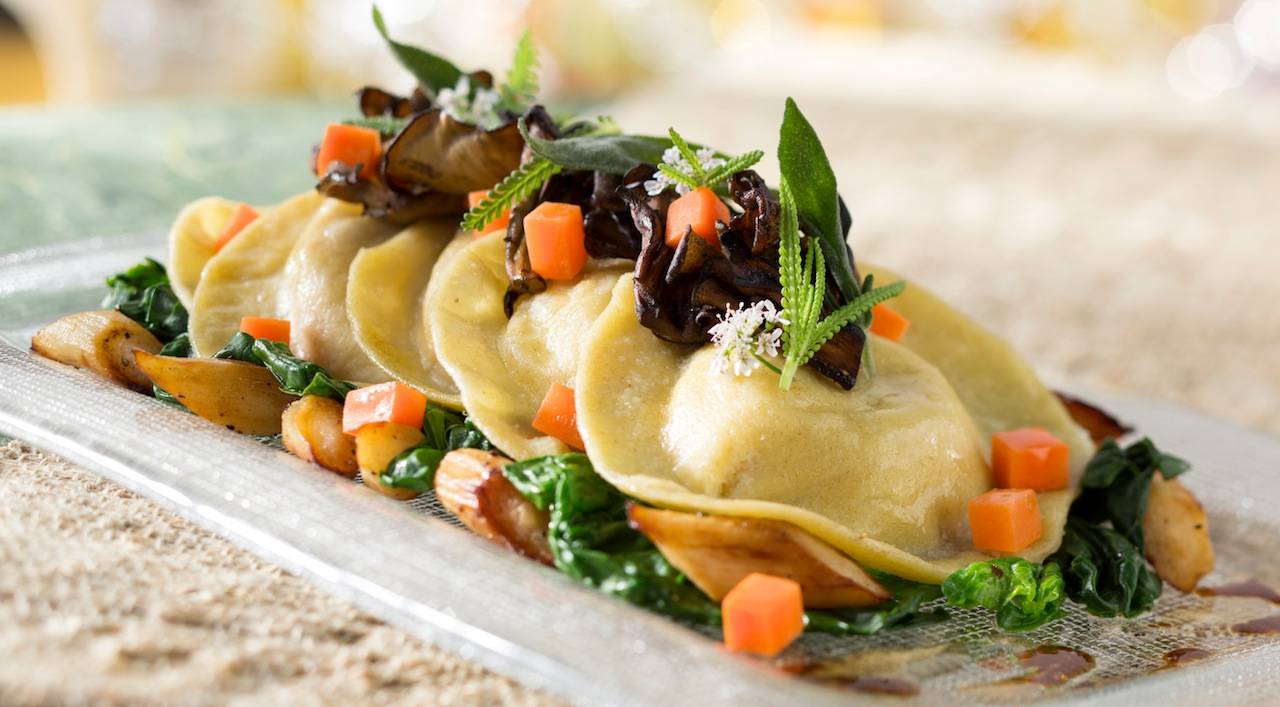 New California Grill menu - Roasted squash ravioli with root spinach, parsnips, petite herb salad, sage brown butter and 12-year balsamic